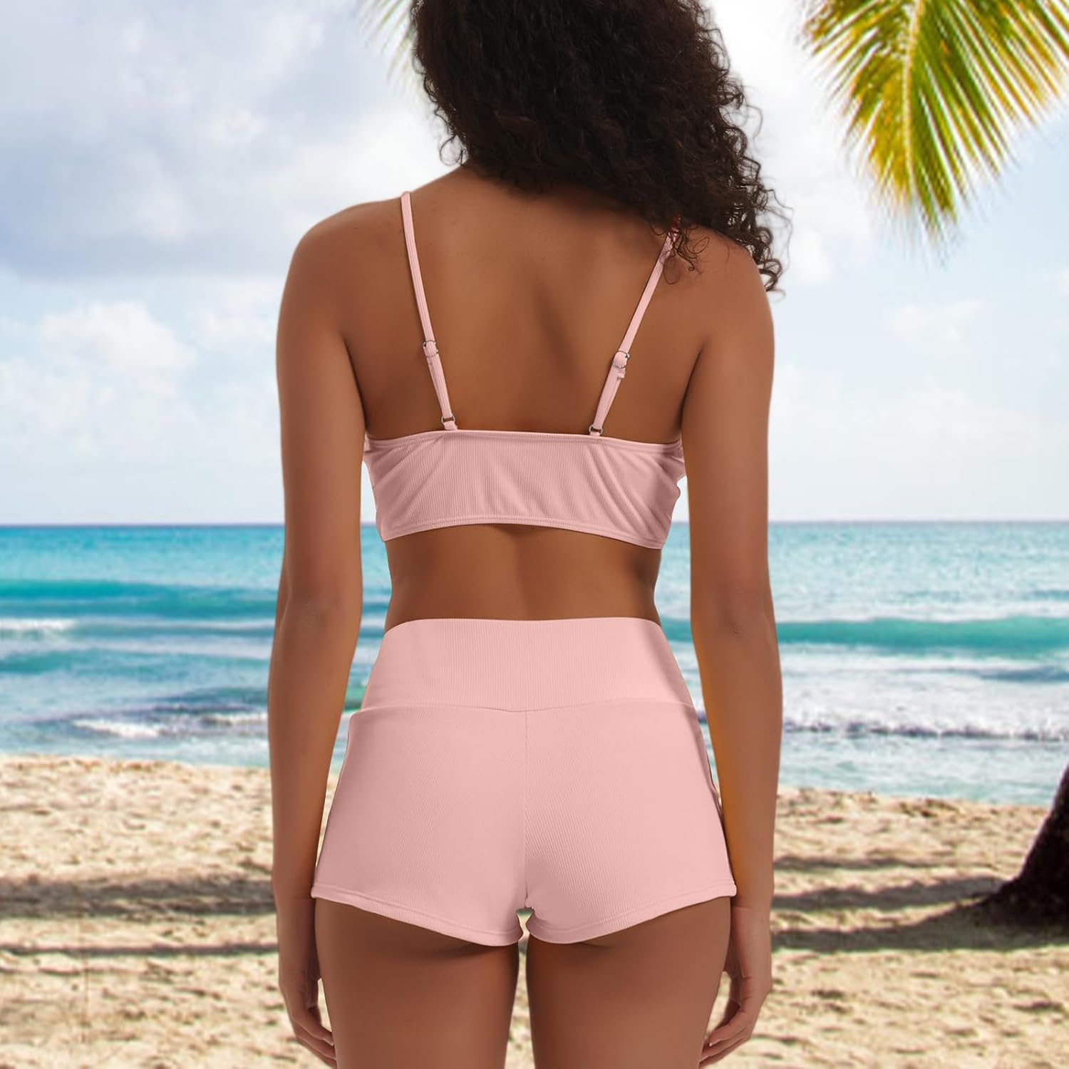 meioro Solid Swimsuit for Women Tie Front Shorts Bikini Two Piece Swimwear Athletic Bathing Suits High Waist Swimming Suit