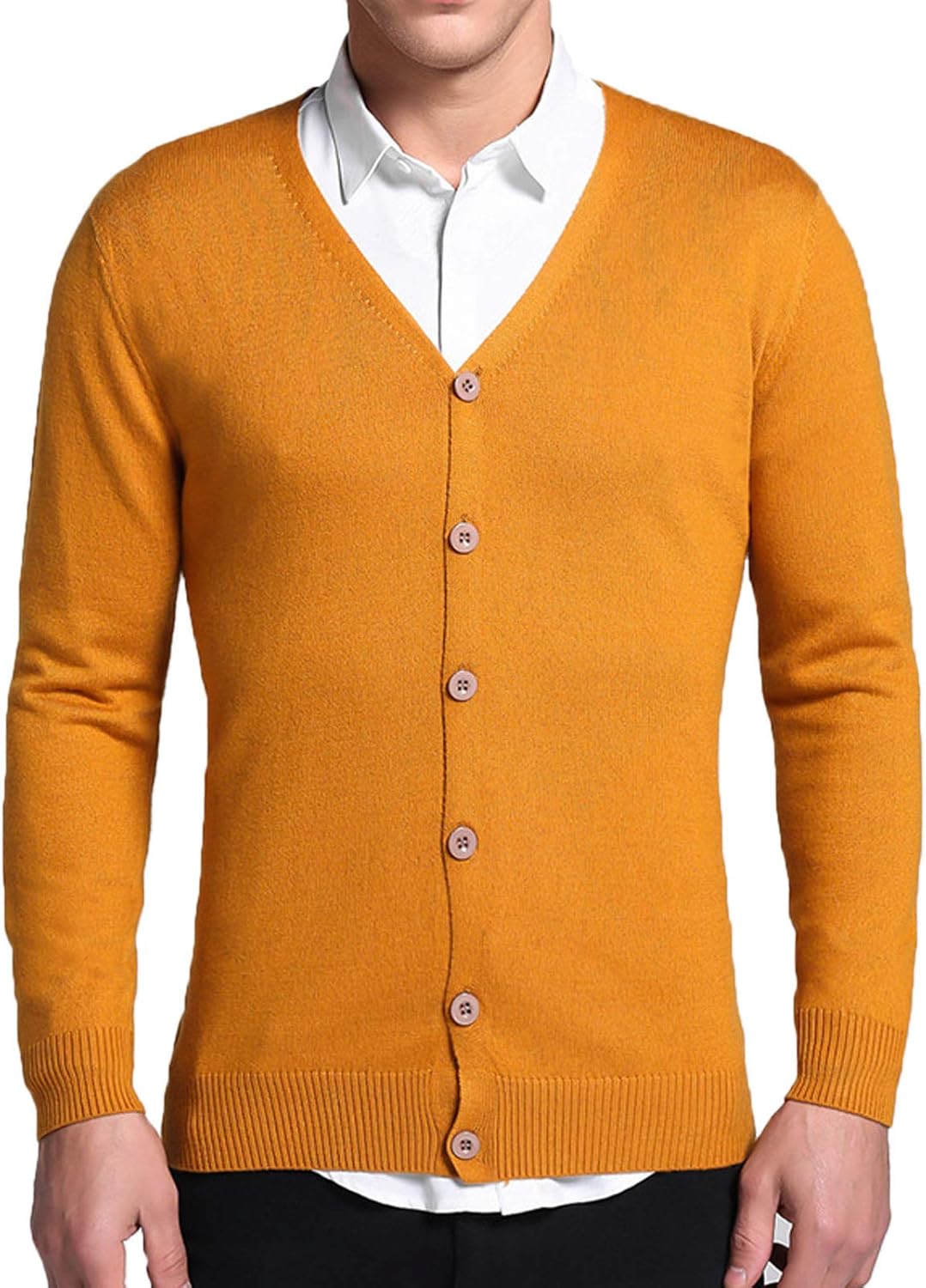 Flygo Mens Slim Knitted Long Sleeve Button Down Cardigan Sweater (Medium, Yellow)