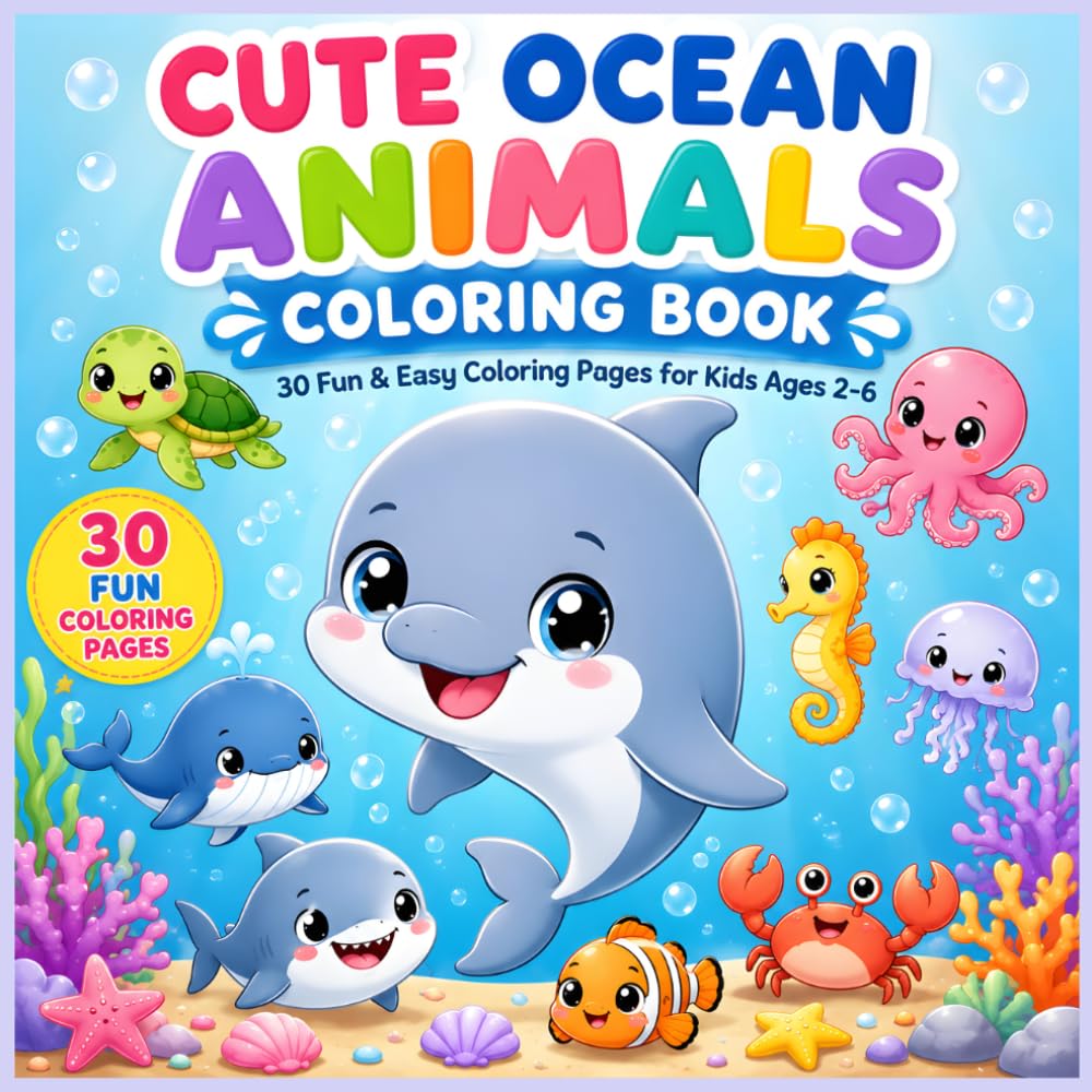 Cute Ocean Animals Coloring Book: Fun and Easy Coloring Pages for Toddlers and Kids Ages 3-7 Featuring Dolphins, Whales, Sea Turtles, Octopuses, Sharks, Seahorses, Crabs and More