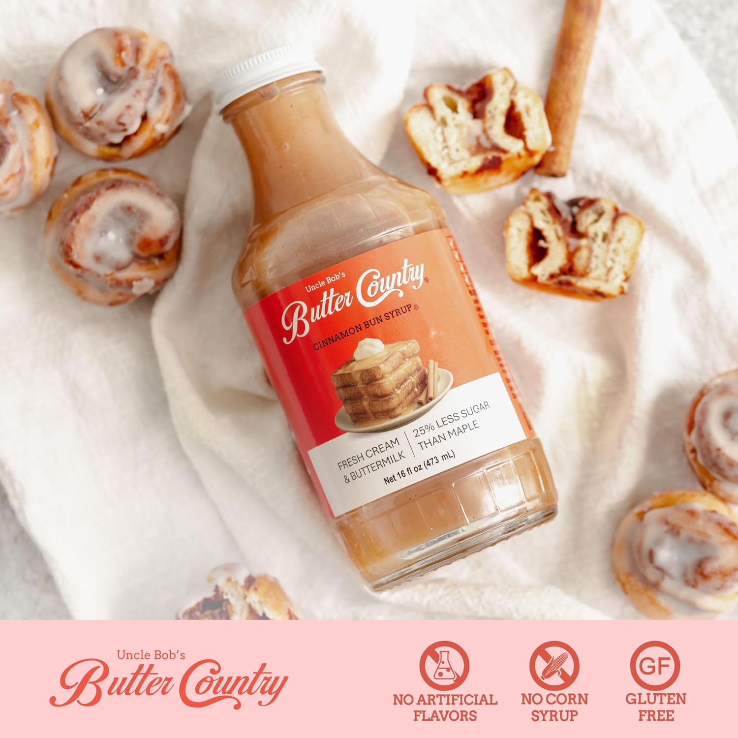 Uncle Bob's Butter Country Rich & Creamy Cinnamon Bun Flavored Buttermilk Syrup for Pancakes, Waffles, French Toast, & More, No Corn Syrup, Gluten Free, 16 fl oz Bottle/4 Pack