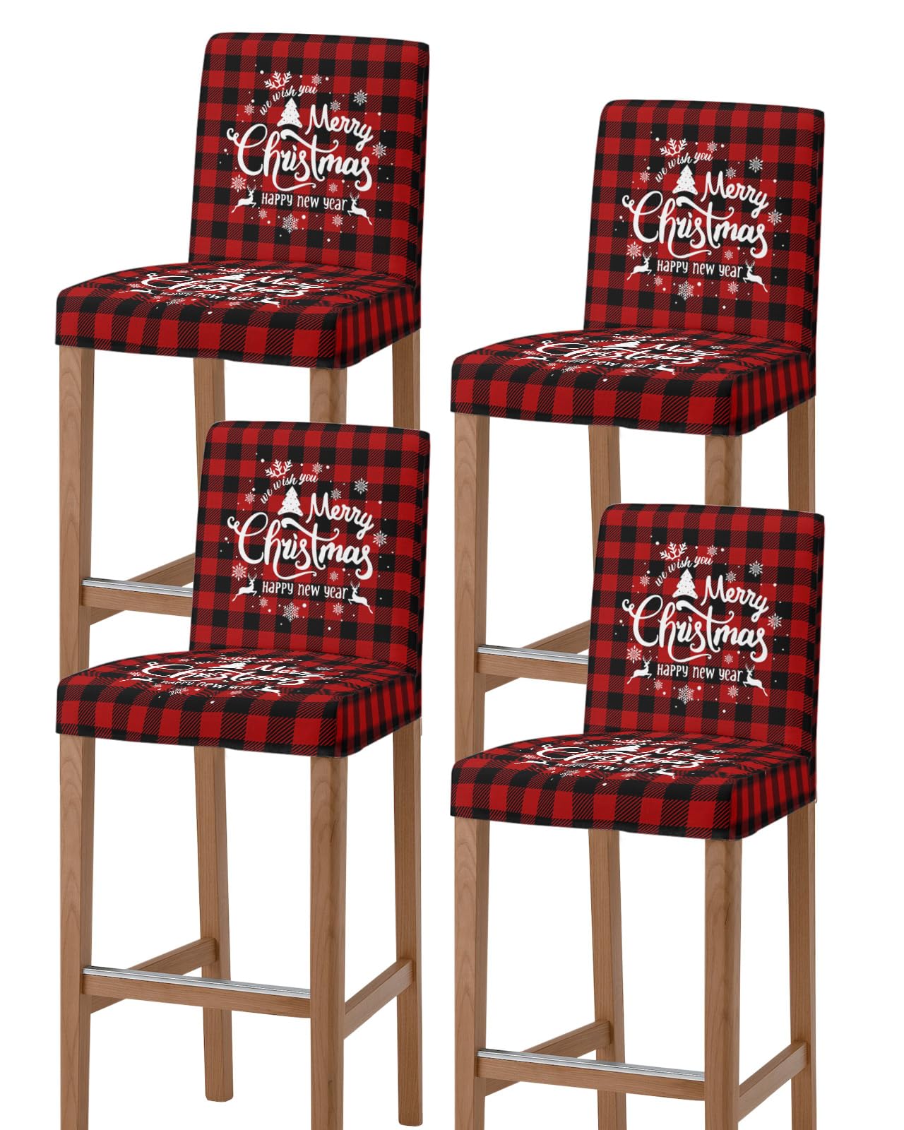 IDOWMAT Bar Stool Cover with Back - Stretch Washable Chair Covers Merry Christmas Happy New Year Black Red Buffalo Check Plaid Chairs Slipcover for Kitchen Pub Dining Room Cafe, 4 Pack
