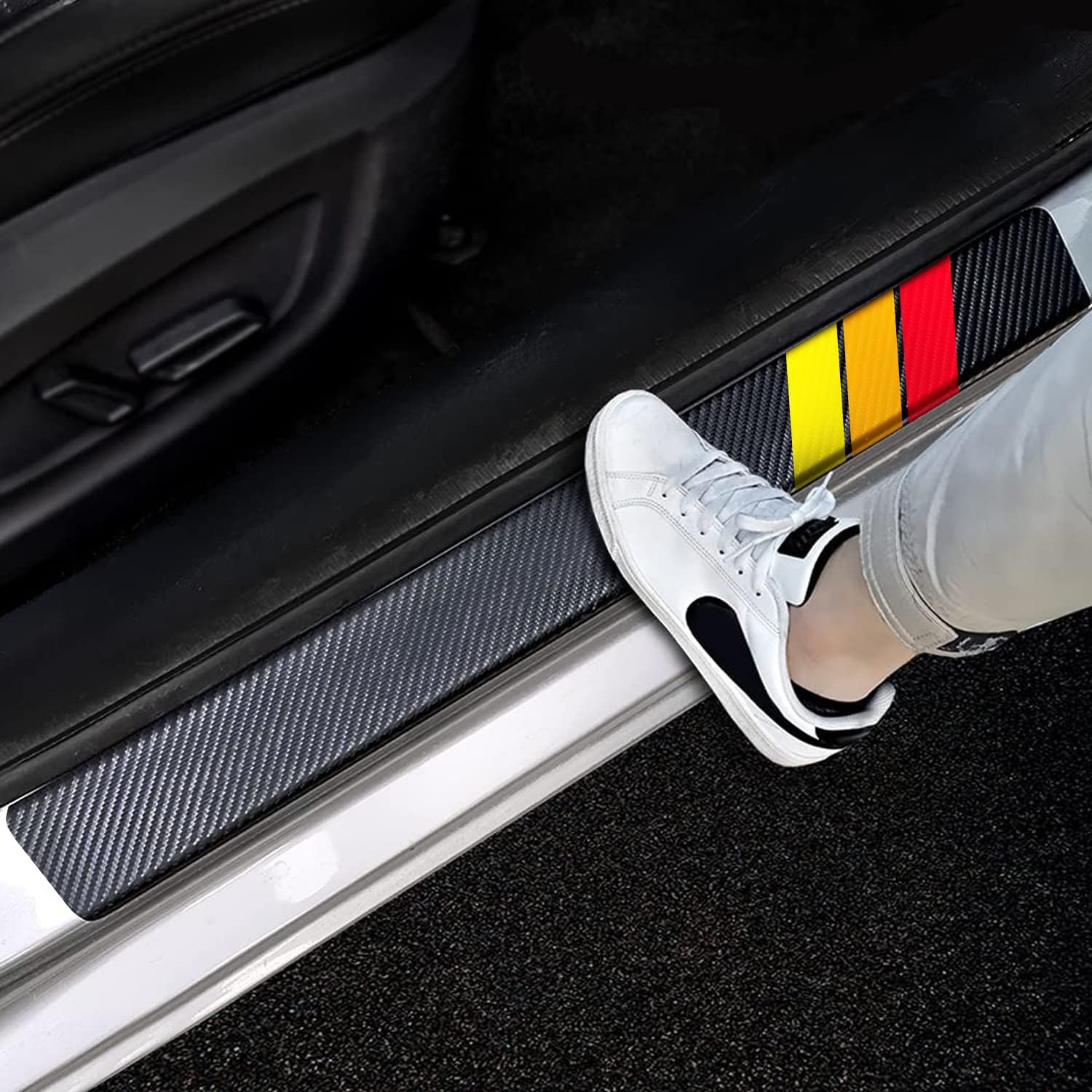 4Pcs Tri-Color Stripe Door Sill Protectors Compatible with Toyota Tacoma 4Runner Tundra TRD Camry Rav4 Cars, Front Rear Door Sill Plate Covers Auto Accessories
