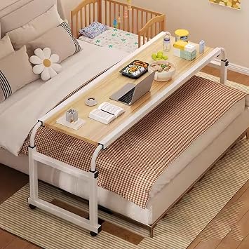 Overbed Table with Wheels, Queen Size Adjustable Over Bed Table with Metal Leg, Mobile Computer Desk Laptop Cart, Dining Bar Table, Rolling Bed Bar Table Color Wood, Size 47.2 * 20.8in