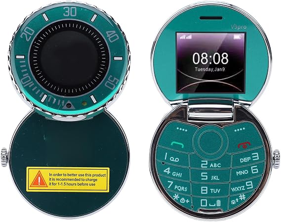 Flip Cell Phone Vintage Pocket Watch Design, Dual Card Dual Standby Big Buttons Unlocked 2G GSM (Green)