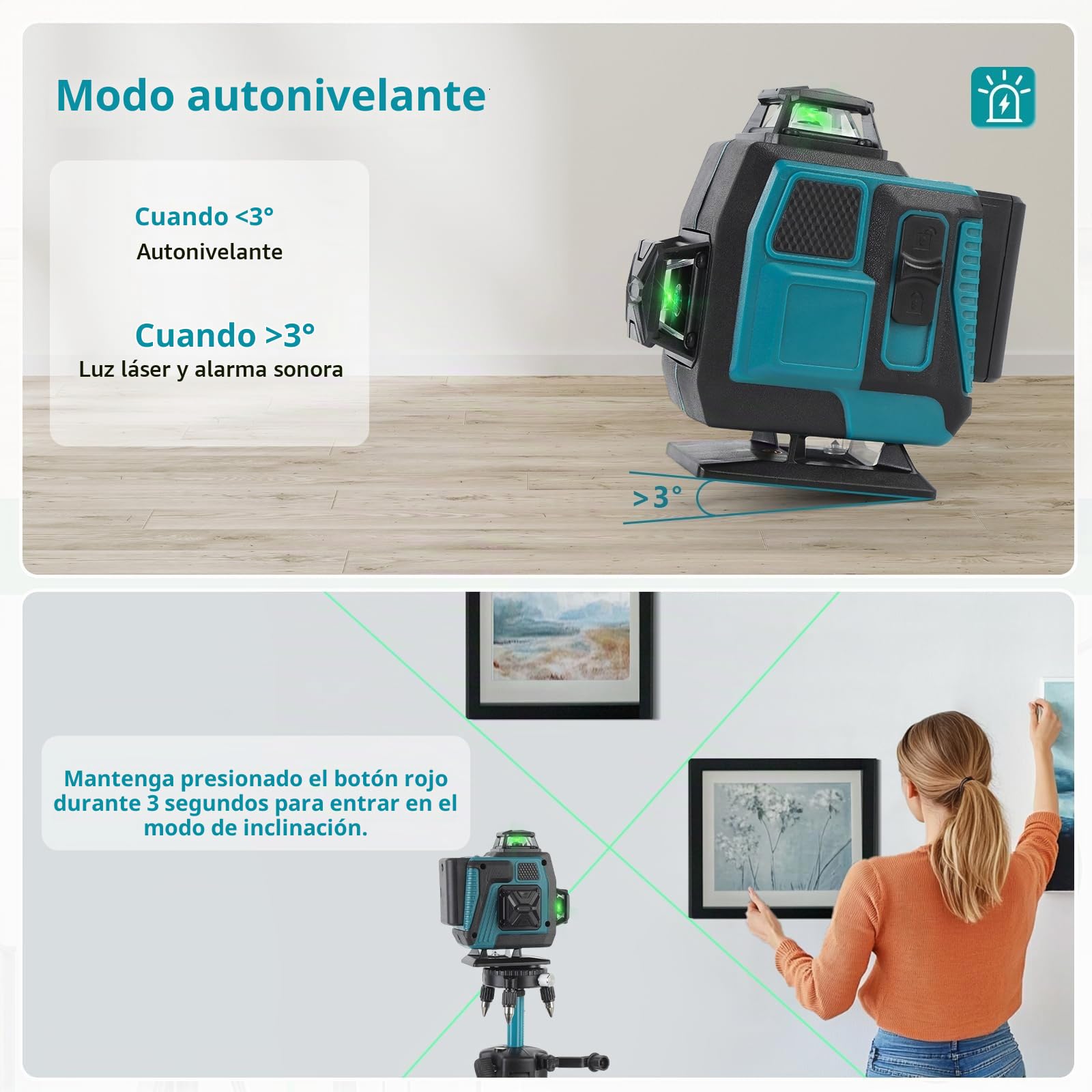Nivel Láser 4D de 16 Líneas, Mulcort Nivel Láser de Alta Precisión, Herramienta de Nivelación Láser con Nivelación Automática de 3° con 2 Baterías de Litio de 2400 mAh y Trípode de 1 m, Control Remoto