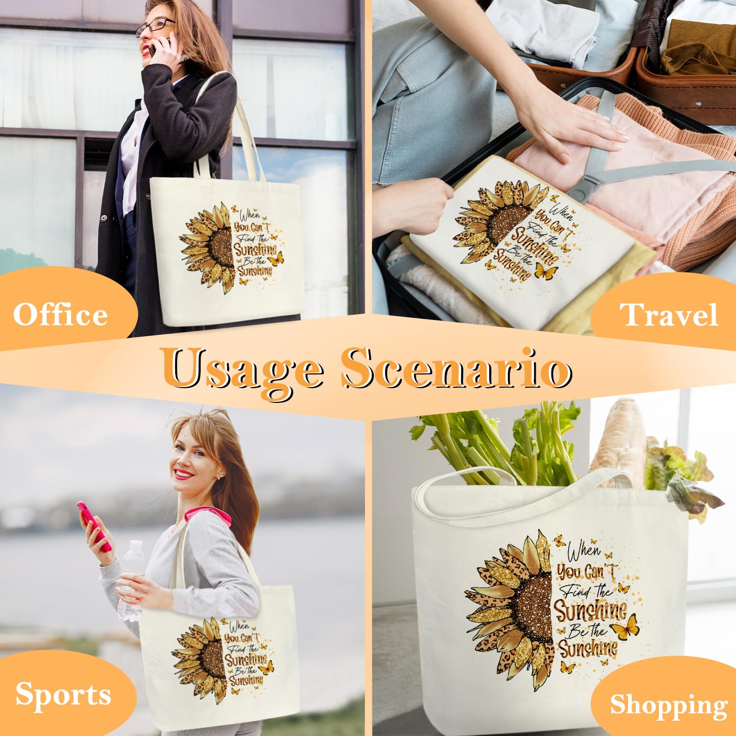 Bolsas de lona motivacionales para mujer, When You Can't Find The Sunshine Be The Sunshine, regalos inspiradores de girasol para cumpleaños, vacaciones, bolsa de lona personalizada para el hombro,