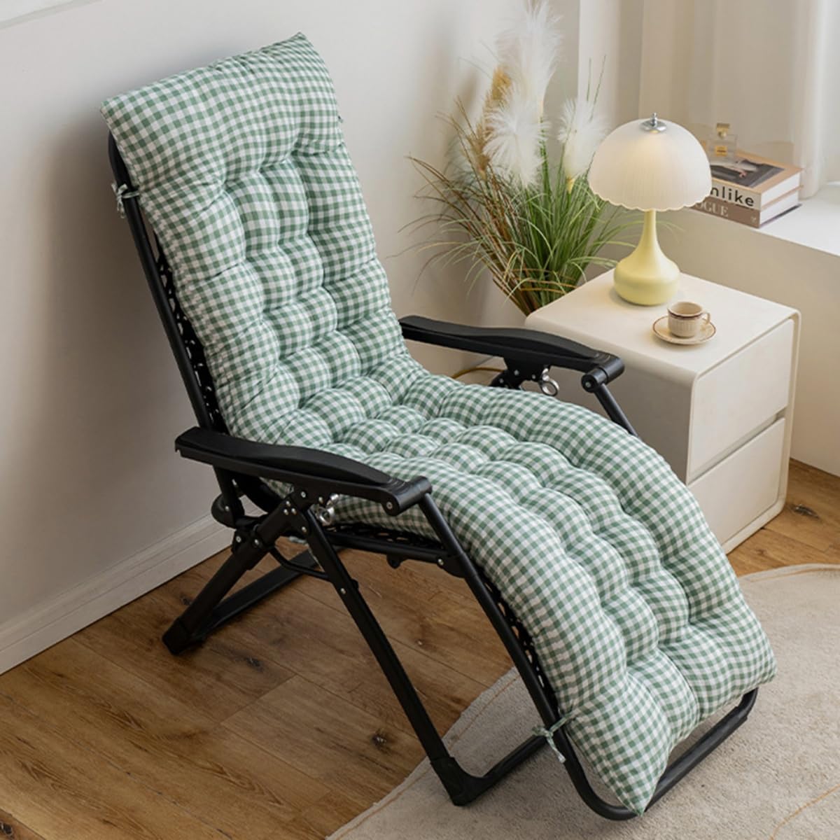 Highdi Sun Lounger Cushion Only, Soft Thick Garden Sunlounger Cushion Rocking Chair Pad Replacement Non-Slip for Sunbed, Garden Patio Lounge, Outdoor Reclining (Green Plaid,19x61 inch)