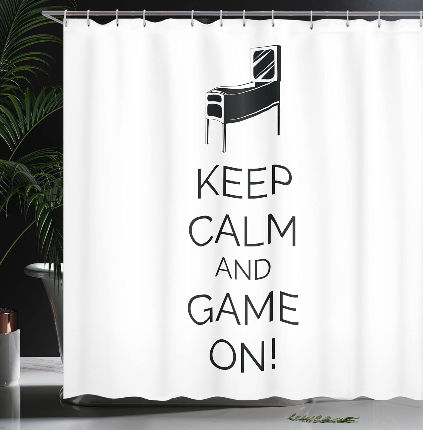 Ambesonne Keep Calm Shower Curtain, Pinball Machine Arcade Room Concept Keep Calm and Game on Fun Entertainment, Cloth Fabric Bathroom Decor Set with Hooks, 69" W x 70" L, Black and White