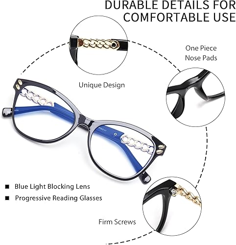 Miniatura 5 de JM Paquete de 2 lentes de lectura progresivos multienfoque para mujeres, lectores de bloqueo de luz azul ojo de gato, negro y tortuga