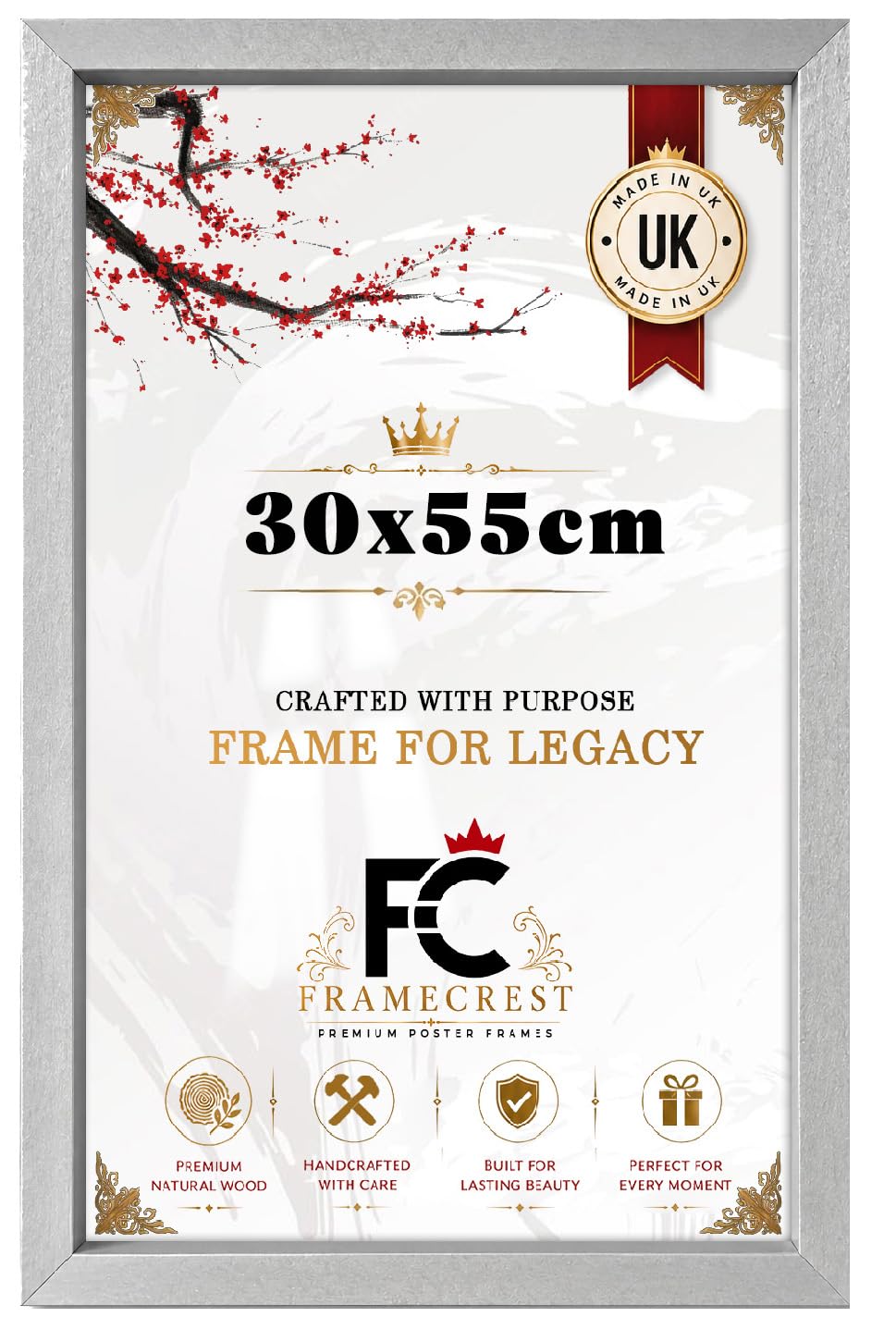 FRAMECREST Elegant 30x55cm Poster Frame | MDF Frame, Metal Clips on Back | Wall Mount Frame for Prints with Real HD Perspex, Great for Photos, Posters, Puzzle-[Silver]