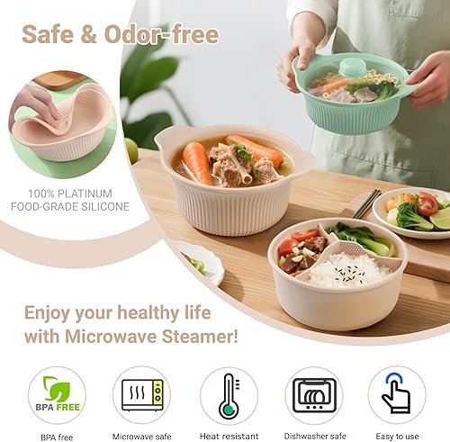 Miniatura 2 de Vaporizador de silicona para microondas de 42 onzas para verduras y cocinar, microondas de 3 compartimentos con tapa, apto para horno y