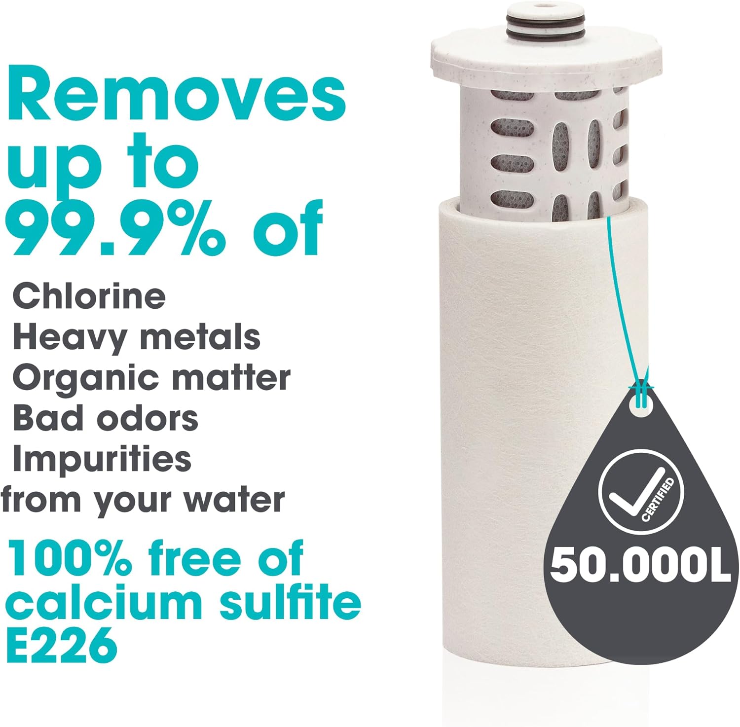 Alkanatur Replacement Shower Filter 50000L Ecological, No Calcium Sulphite E226 | Eliminates Chlorine and Heavy Metals | Easy and Compatible Installation | Improves hair, nails, dry skin