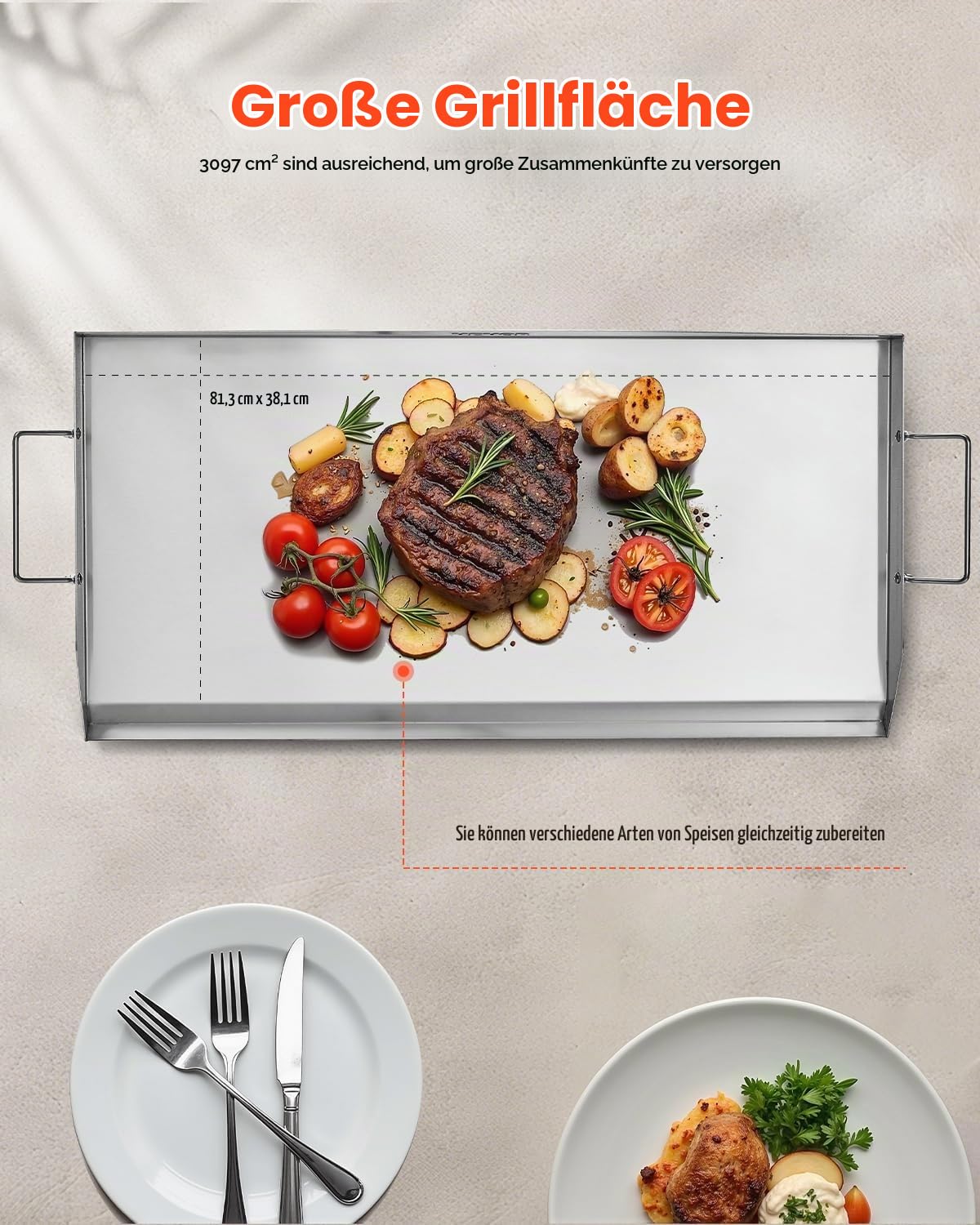VEVOR Grillplatte Grillpfanne Edelstahl universelle rechteckige Platte (809 x 370 mm) mit flacher Oberseite, Gasgrill-Grillplatte für BBQ-Grill Teppanyaki, tragbares Familienkochgeschirr mit Griff