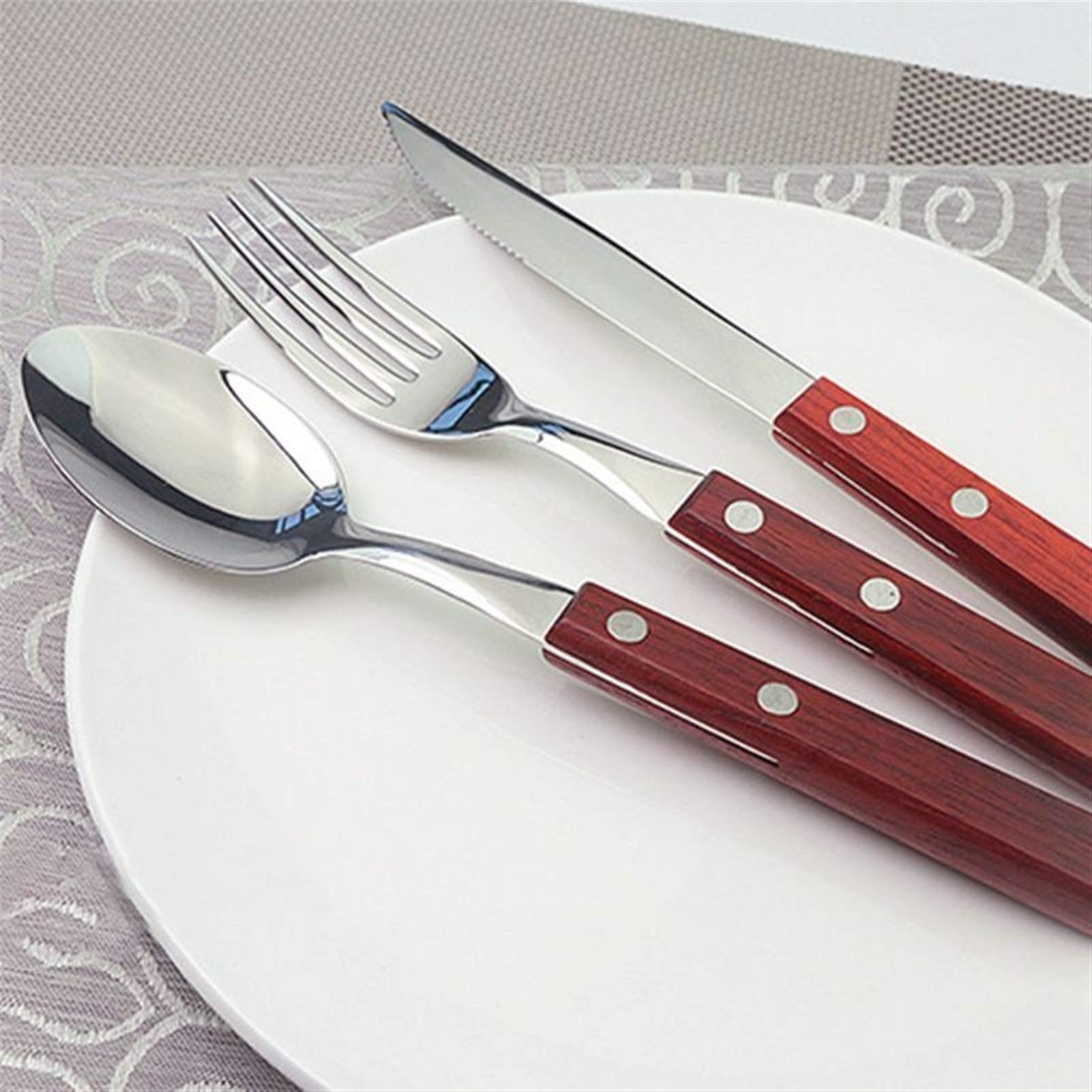 12pcs Manera de madera Cubiertos de acero inoxidable Forks Forks Spoons Knives Plandeware Set
