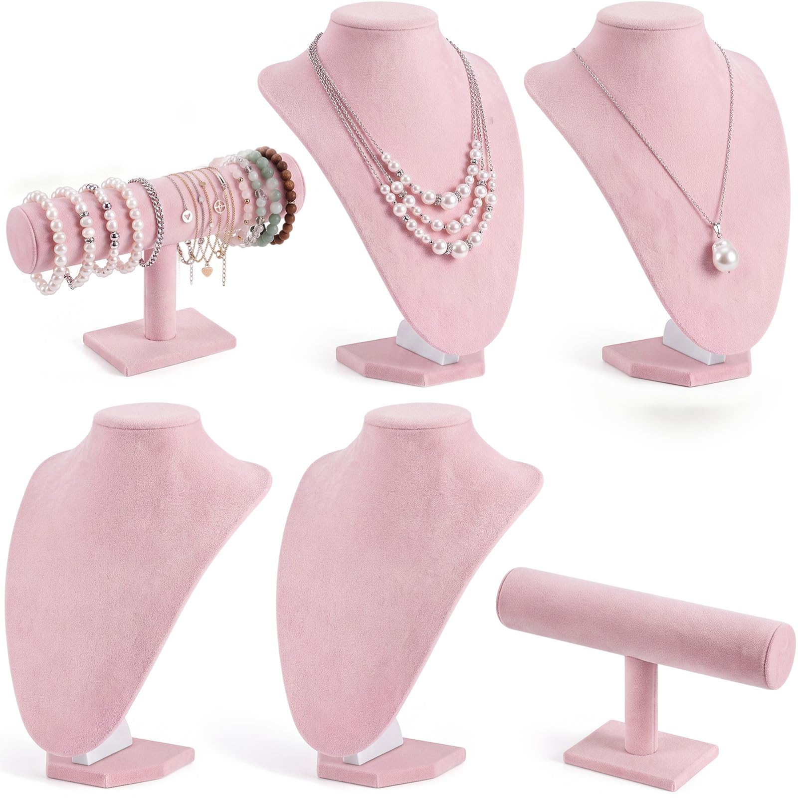 Huquary 6 Pcs Pink Velvet Jewelry Display Set Necklace Bust Holder