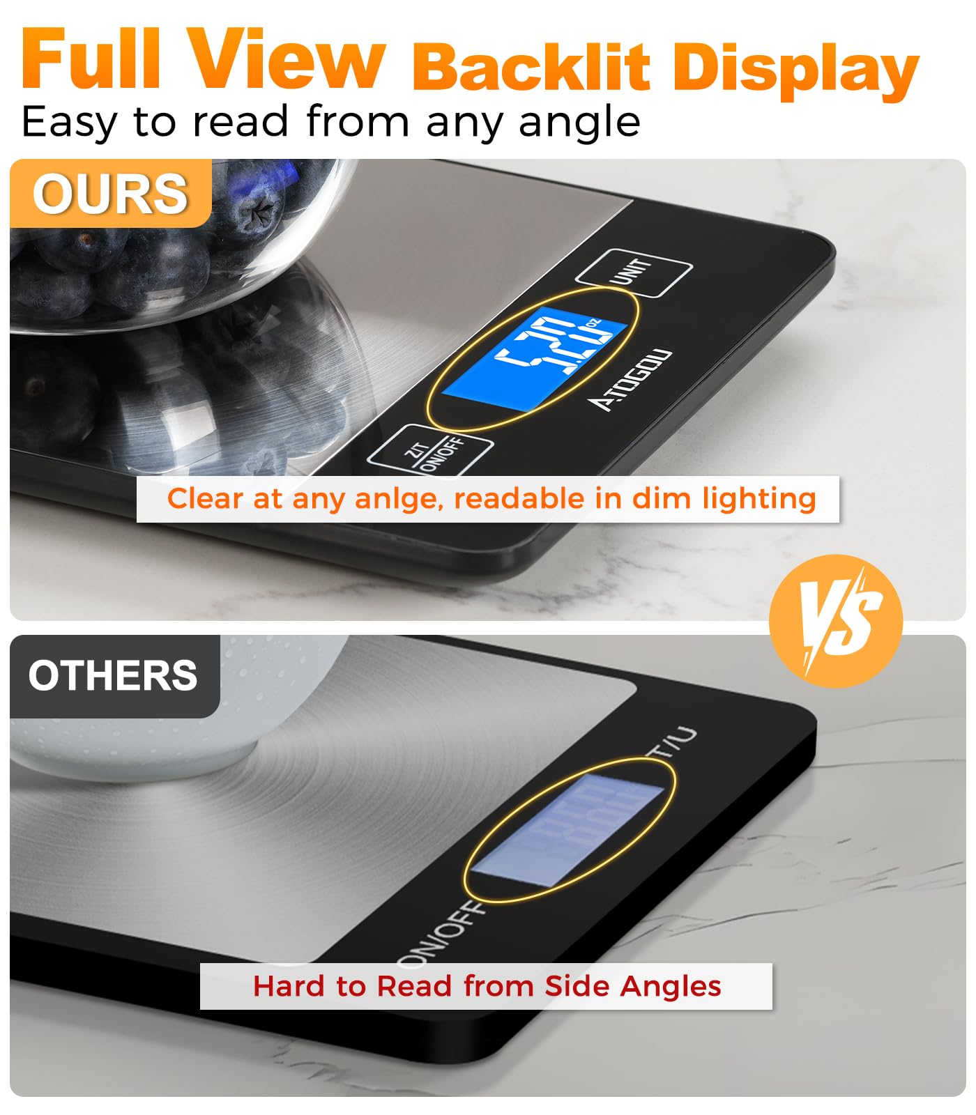 ATOGOU Báscula de cocina recargable con pantalla LCD retroiluminada de visión completa, superficie de acero inoxidable impermeable, carga USB o pilas AAA (no incluidas), para hornear, cocinar