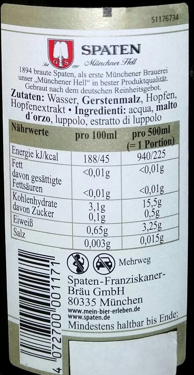 20 x Spaten Münchner hell 0,5 L - 5,2% Alkohol Originalkiste