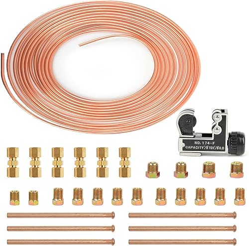 Kit de herramientas de manguera de freno (sin presión)  Kit de herramientas de 316 pulgadas, incluye 25 pies de tubo, 22 conectores, 3 bengalas