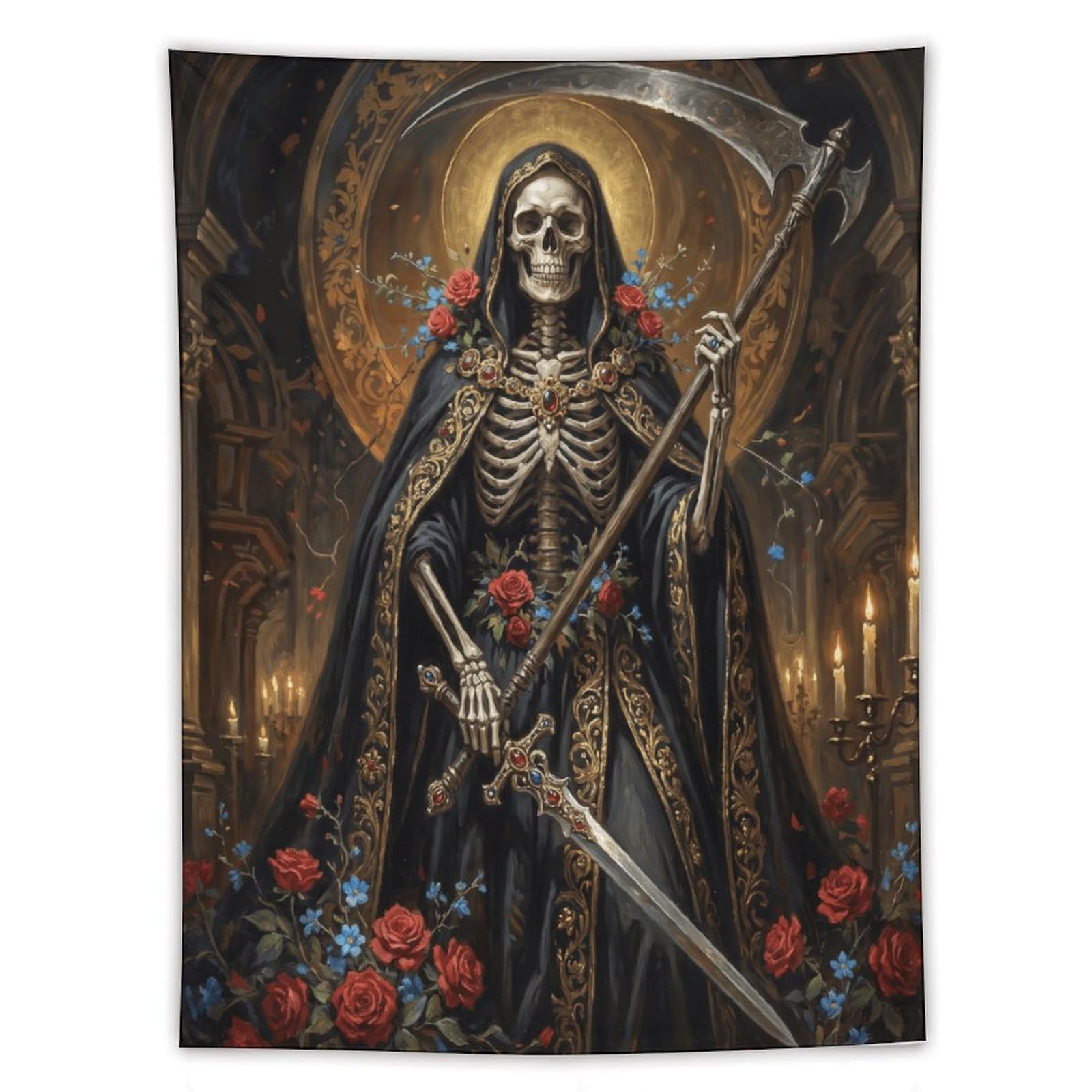 W7C8U2X3 Grim Reaper Rose Cathedral Wall Tapestry, Cat Portrait