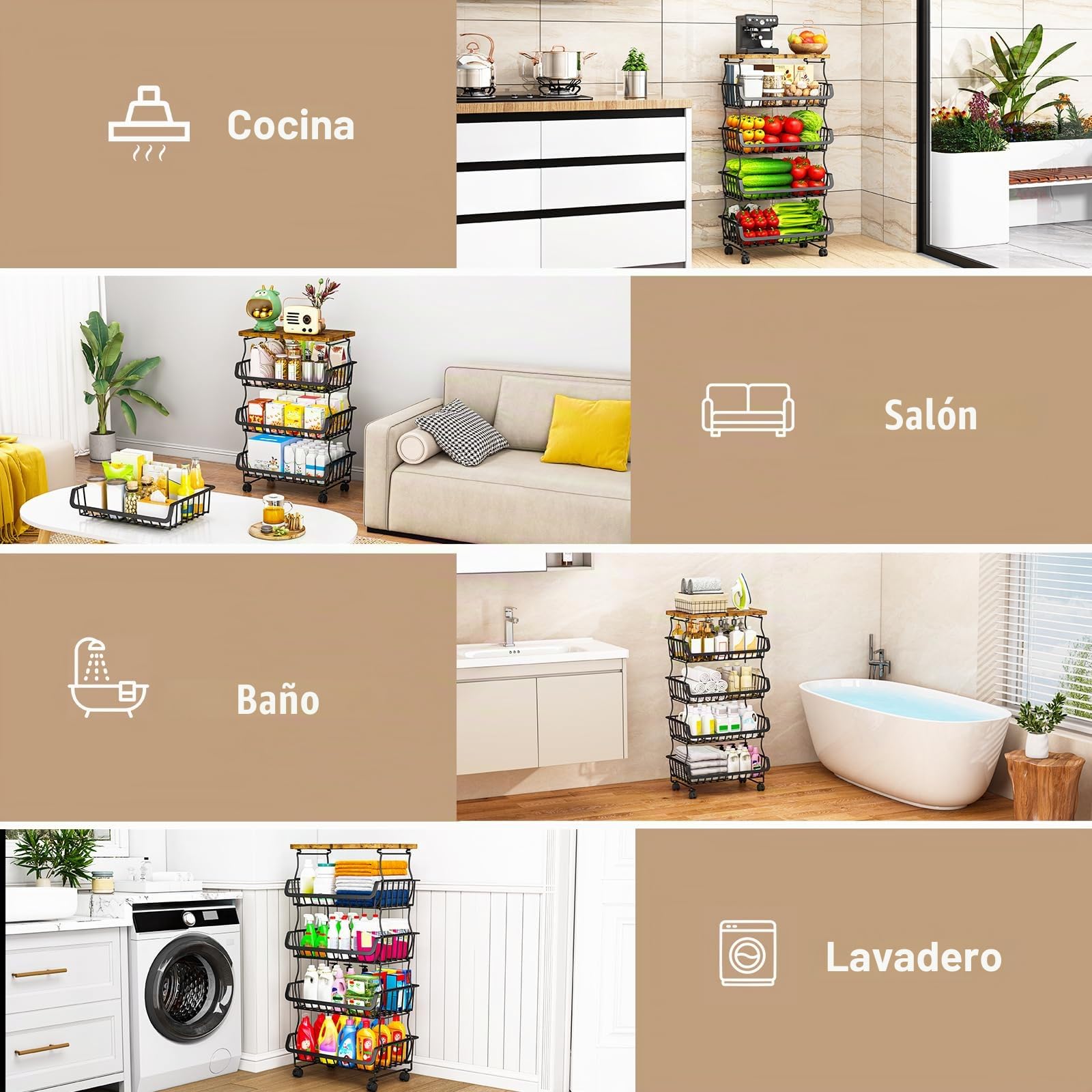 Cesta de Frutas y Verduras para Cocina de 5 Niveles(Tabla de Madera), Organizador de Almacenamiento de Alambre Apilable para Estantes de Cocina, Estante para Aperitivos, Cesta de Frutas