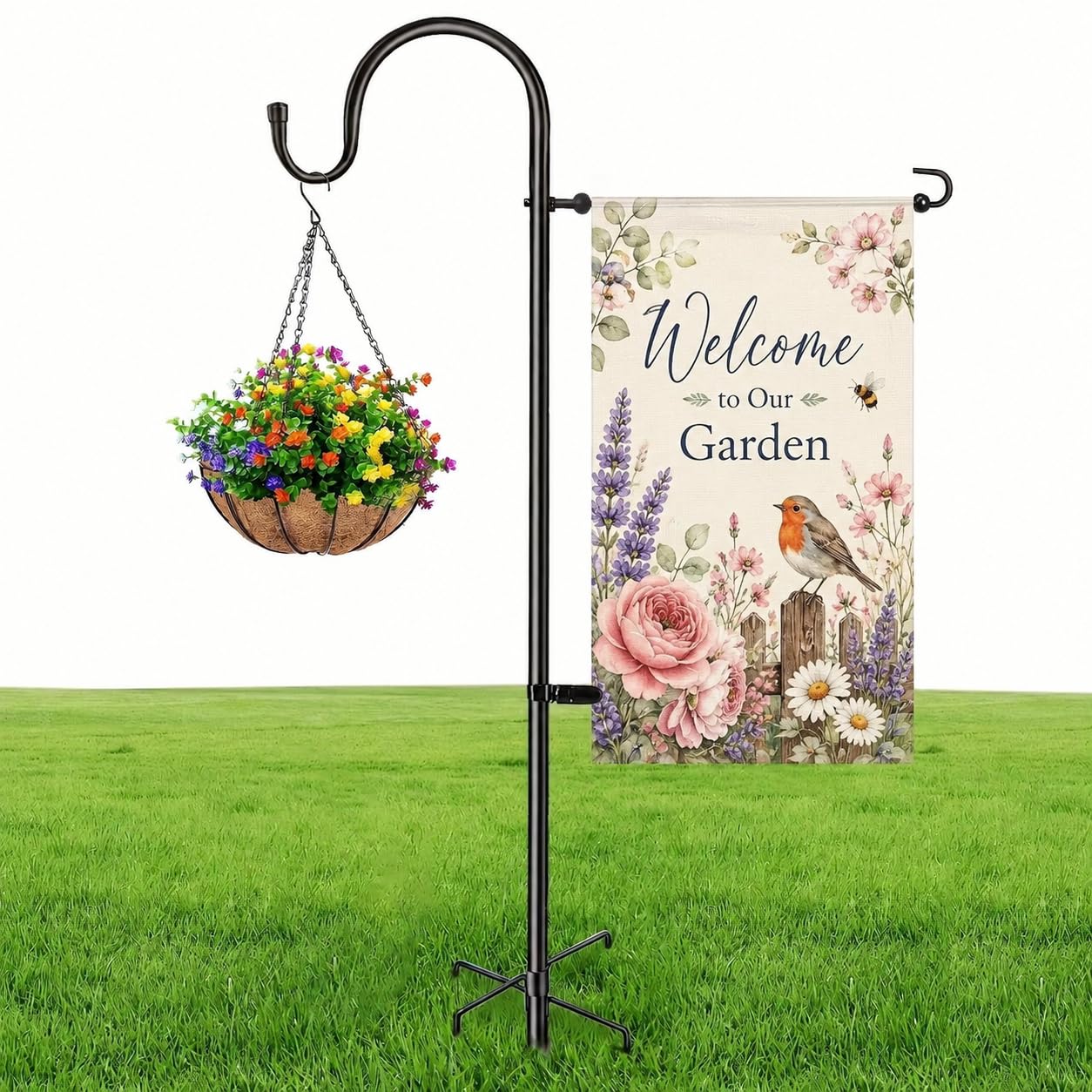 WHATOOK Shepherds Crook Hooks: 193 cm Adjustable Height Shepherds Hooks with 5 Prong Base & Flag Pole Holder, Metal Border Hook for Garden Lights, Lanterns, Plant Baskets