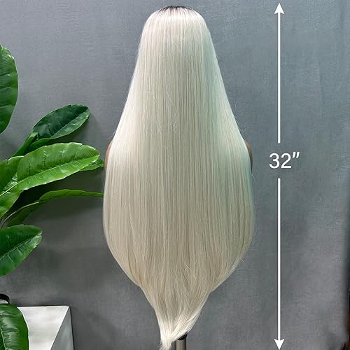 Miniatura 4 de SOKU Pelucas de encaje frontal color blanco y gris con raíces negras de 32 pulgadas de largo, lacio, color gris degradado, pelucas frontales de