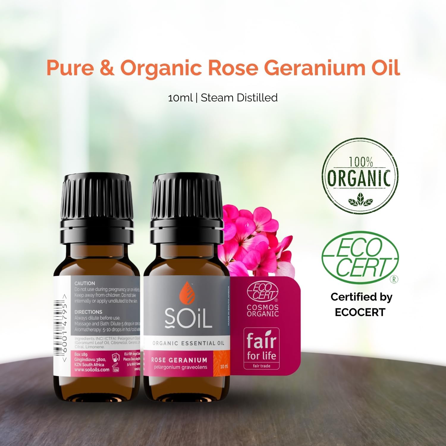 SOiL Organic Rose Geranium Essential Oil (Pelargoneum Graveolens) - 100% Pure and Natural - Certified Organic - Single Ingredient - Vegan - Non GMO - 10ml