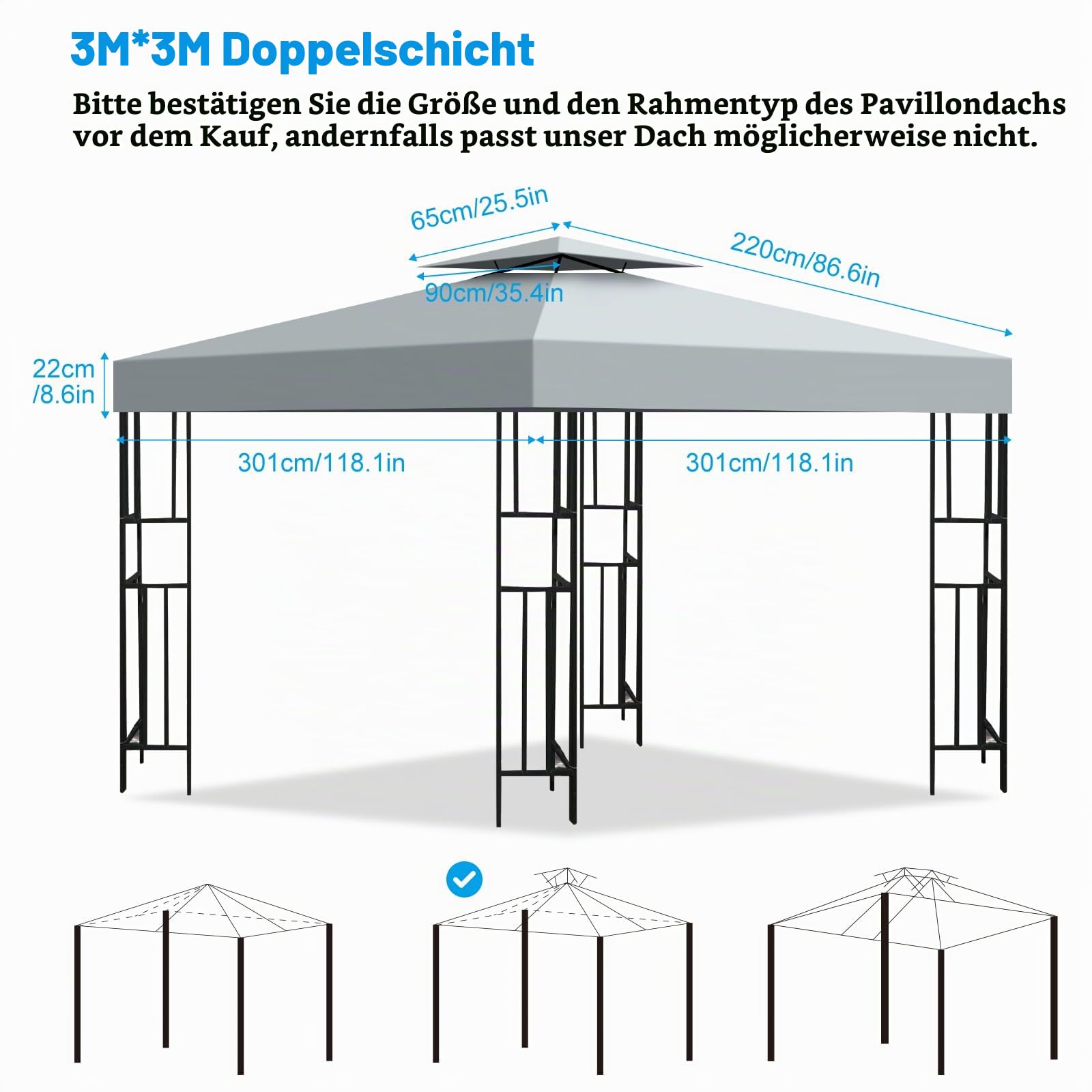3x3m Pavillon Ersatzdach Wasserdicht Doppeldach mit Air Vent, UV-Beständig, 300D Polyester Gartenpavillon Ersatzbezug Pavillondach für Garten, Camping, Grillen (Grau)