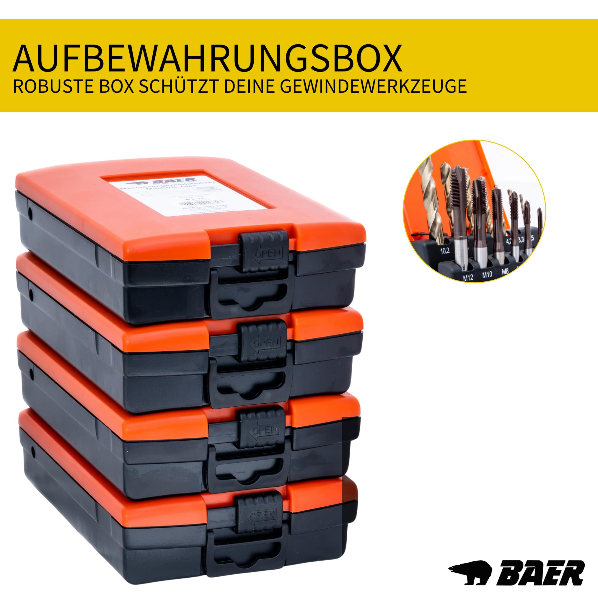 BaerCoil BAER UNiTap Gewindeschneider Set HSSE M3 - M12: Gewindebohrer Durchgangsloch - Kernlochbohrer - High-End Gewindeschneid-Satz - Gewindebohrer-Set - Gewindeschneider - Maschinengewindebohrer