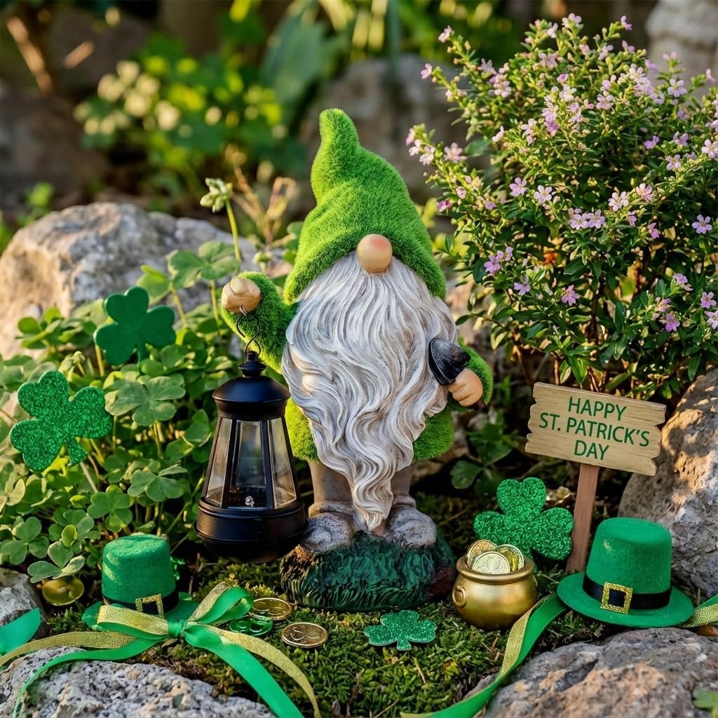 TERESA'S COLLECTIONS Christmas Outdoor Statue for Home, Resin Gnome Decorations with Solar Outdoor Lights for Garden Decor,Green Garden Sculptures & Statues for Front Patio Lawn, Gifts for Mom,8" - Image 2