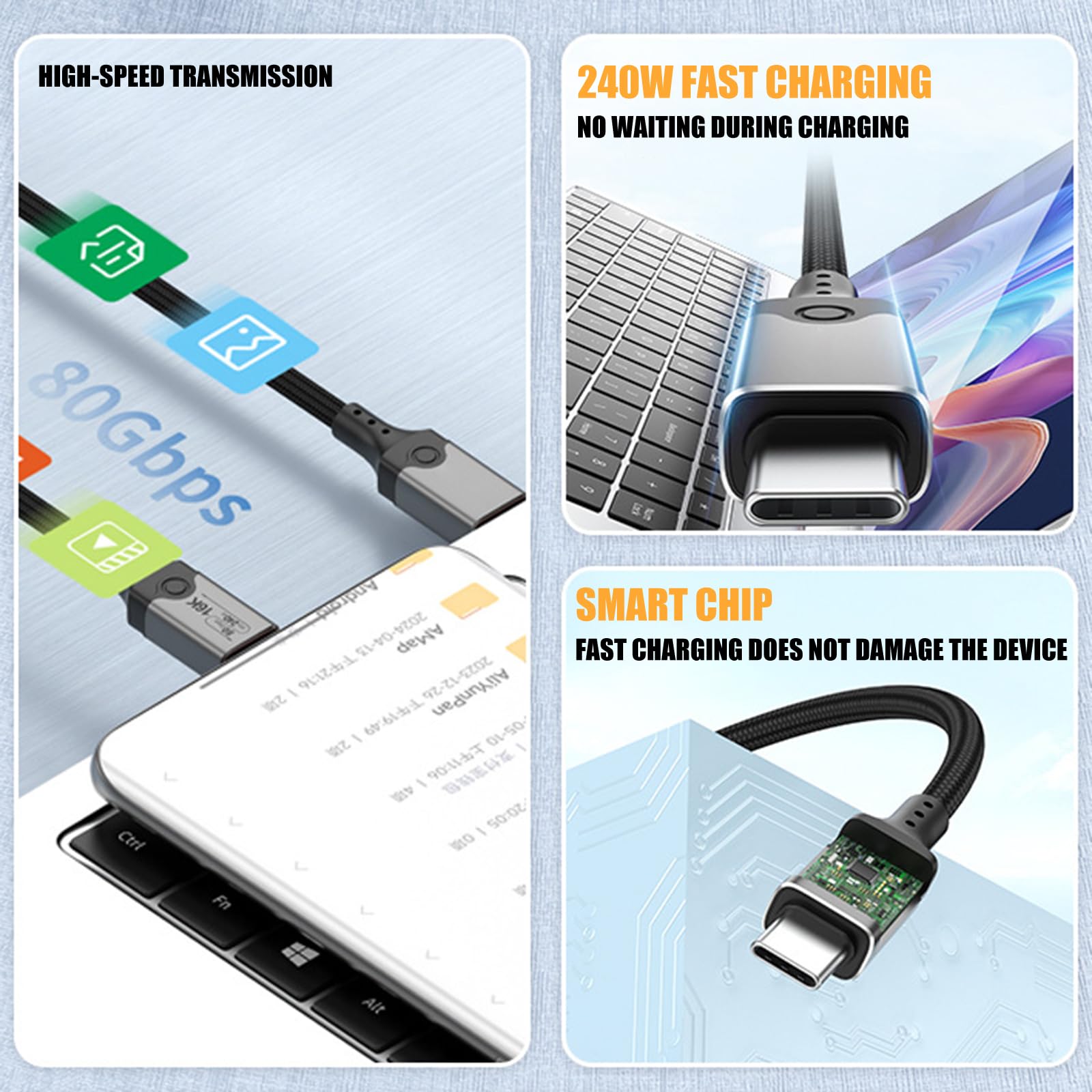Câble USB C vers USB 5 80 Gbit/s 16 K @ 60 Hz 240 W Charge rapide Câble de données Vidéo pour smartphone et ordinateur portable