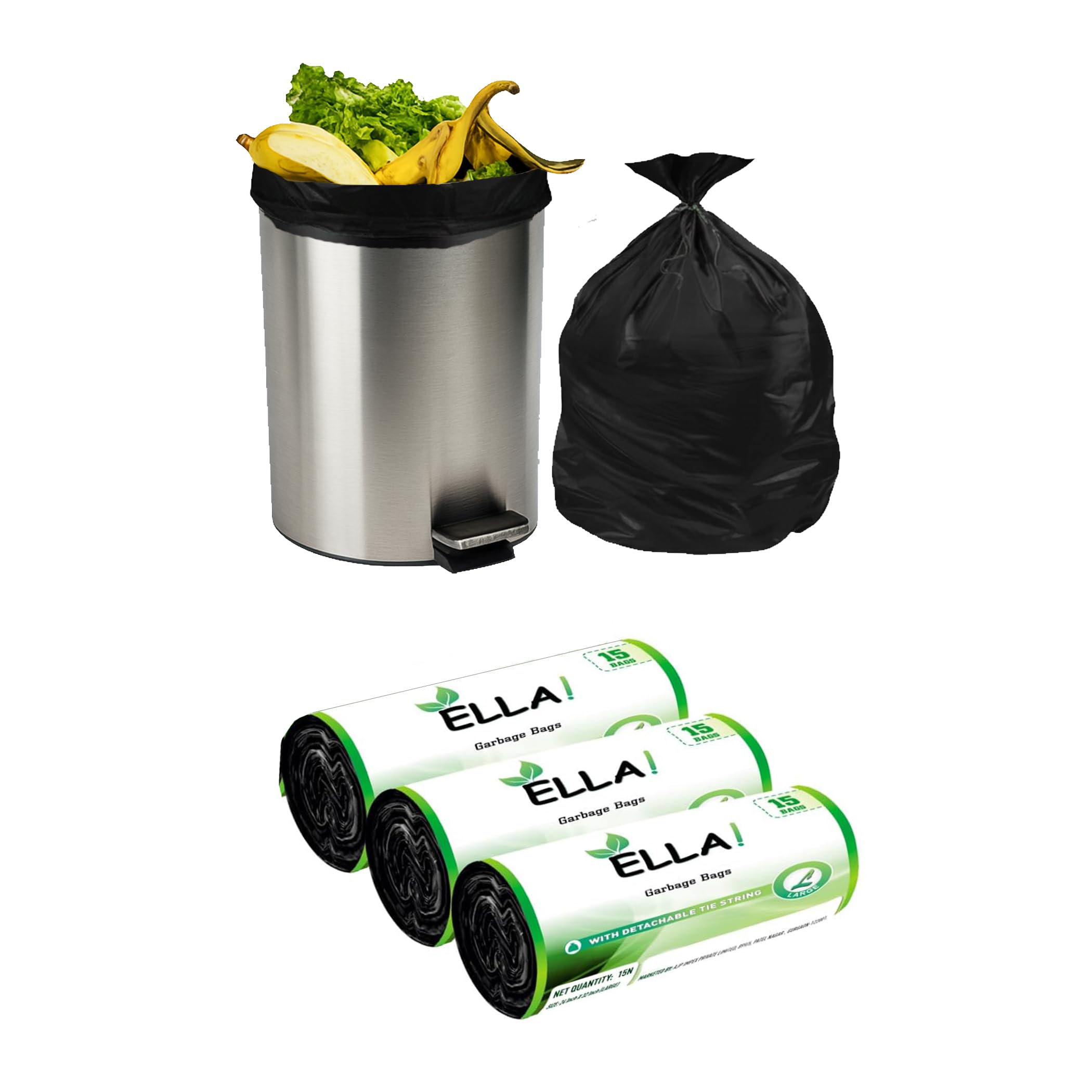 ELLA Garbage Bags 24 x 32 Inches Green Color 3 Rolls 45 Bags Large Size Durable Trash Bags for Daily Cleaning in Homes Restaurants Offices and Outdoor Bins With Check Duster Cloth Free