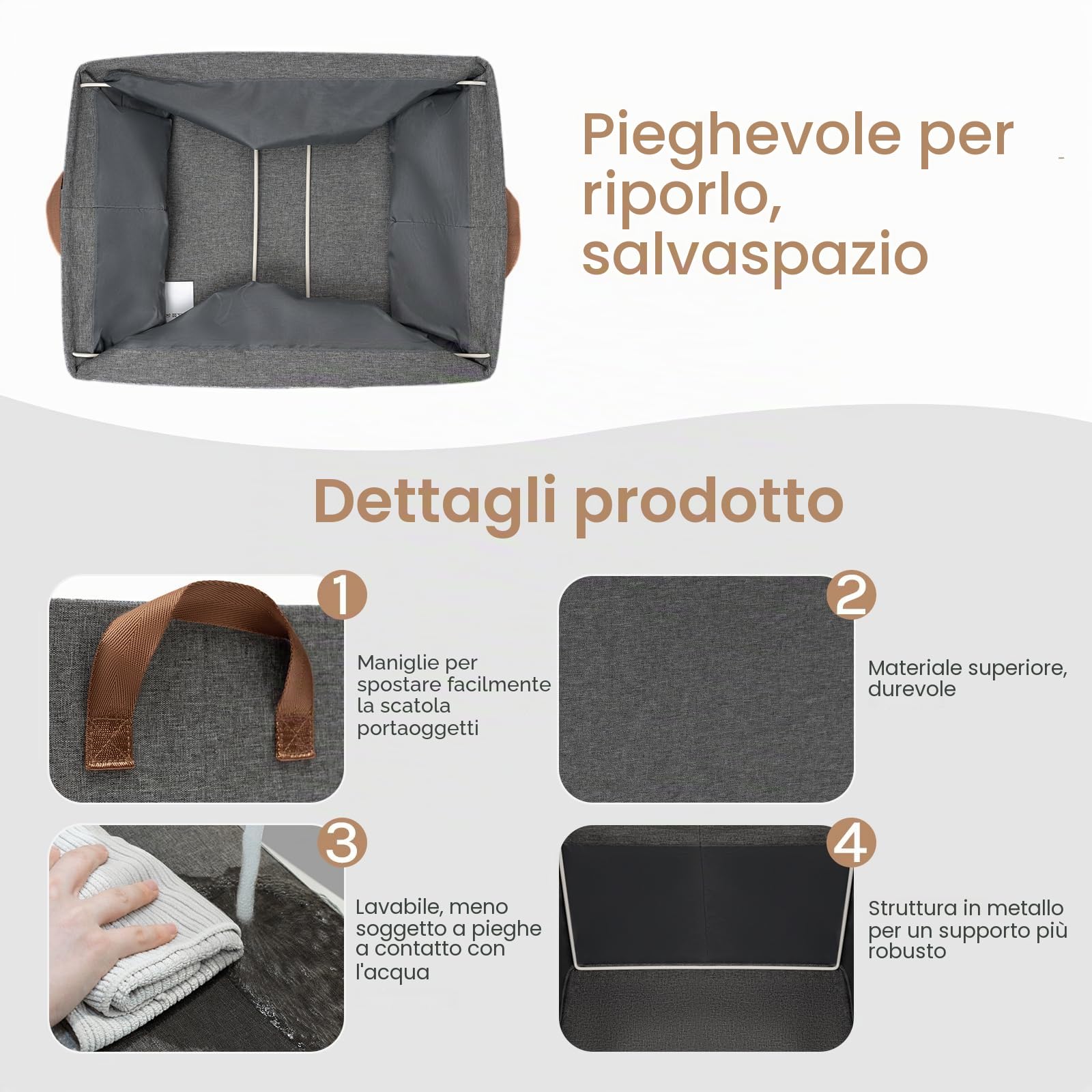 WOLTU Set di 5 Scatole Portaoggetti Pieghevoli, Scatole Portaoggetti Pieghevoli in Tessuto con Manici, per Vestiti e Giocattoli, Grigio, 42x32x26 cm