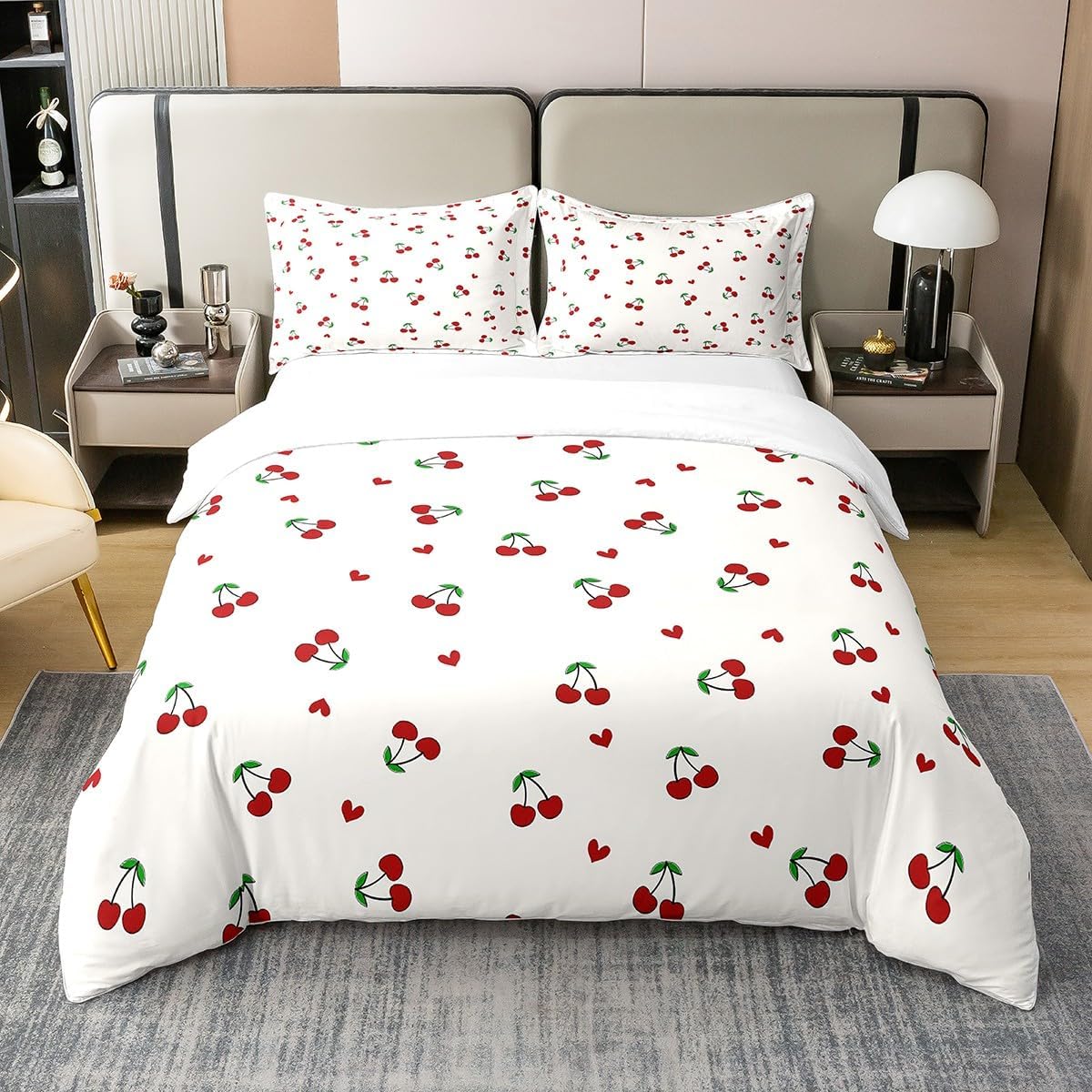 Feelyou Red Cherry 100% Cotton Duvet Cover King Cherry Pattern Bedding Set Teens Cute Fruit Comforter Cover Kawaii Cartoon Fruit Teens Bedspread Cover Breathable Quilt Cover Fashion(No Comforter)
