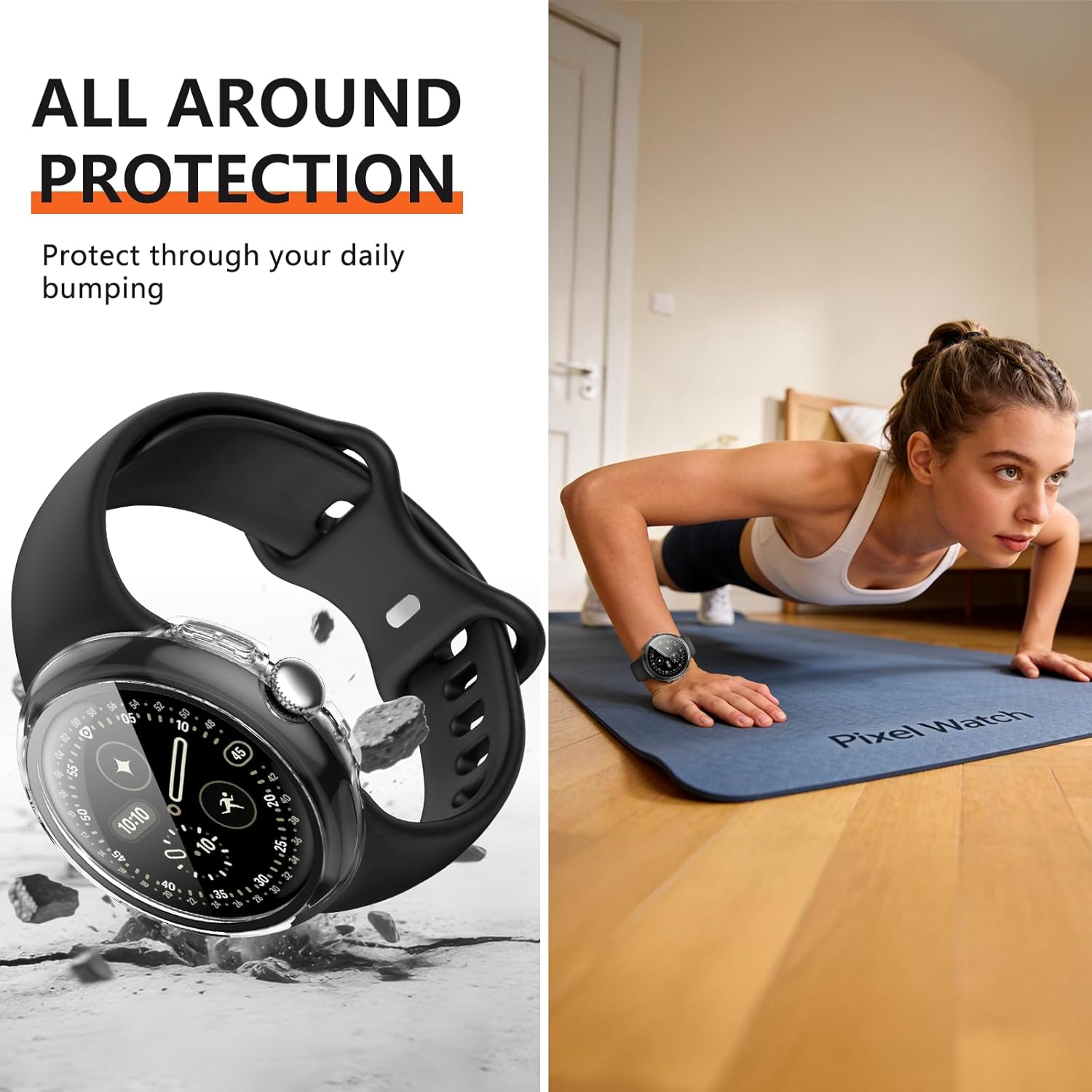 JZK 2-Pack Case with Screen Protector Compatible for Google Pixel Watch 4 (2025) 45mm, Direct Charging High Sensitivity Slim Bumper Protective Cover with Tempered Glass for Pixel Watch 4,Black+Clear