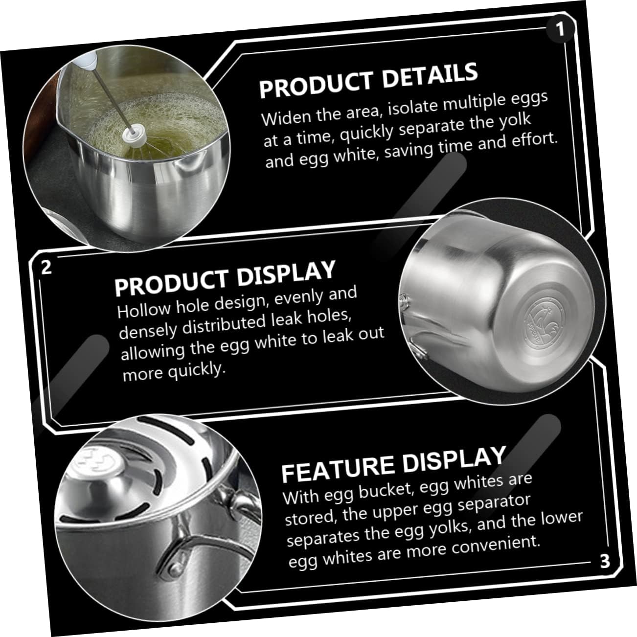 PRETYZOOM Stainless Steel Egg Separator Lid 1500ml Yolk and White Dividing Bucket Protein Separation Tool for Kitchen Use