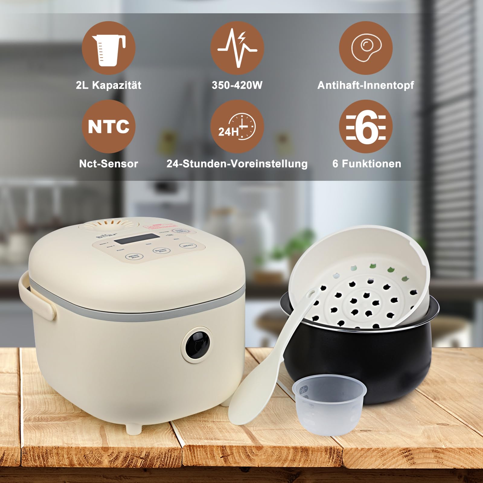 Bear Reiskocher 3,5 Tassen (ungekocht) mit Dampfgarer, Multifunktioneller 350W Elektrischer Mini Rice Cooker，6 Reiskochfunktionen für 2-4 Personen