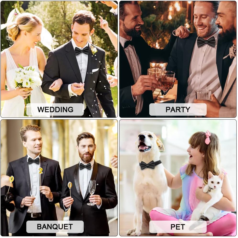 URAQT Men's Bow Tie, Classic Solid Color Pre-Tied Bow Tie for Men, Satin Tux Bowtie, Adjustable Formal Neck Bowtie for Birthday Party Wedding Graduation Mother Gifts (Black) thumbnail