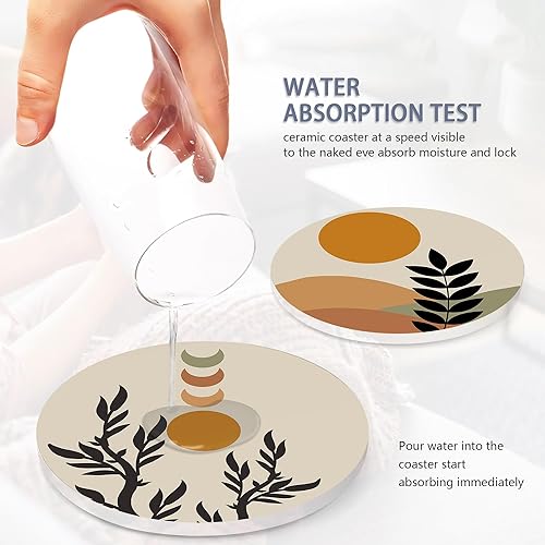 Miniatura 5 de Juego de 6 posavasos con soporte, posavasos abstractos de cerámica absorbentes de hojas de sol bohemios con base de corcho, se adaptan a todas las