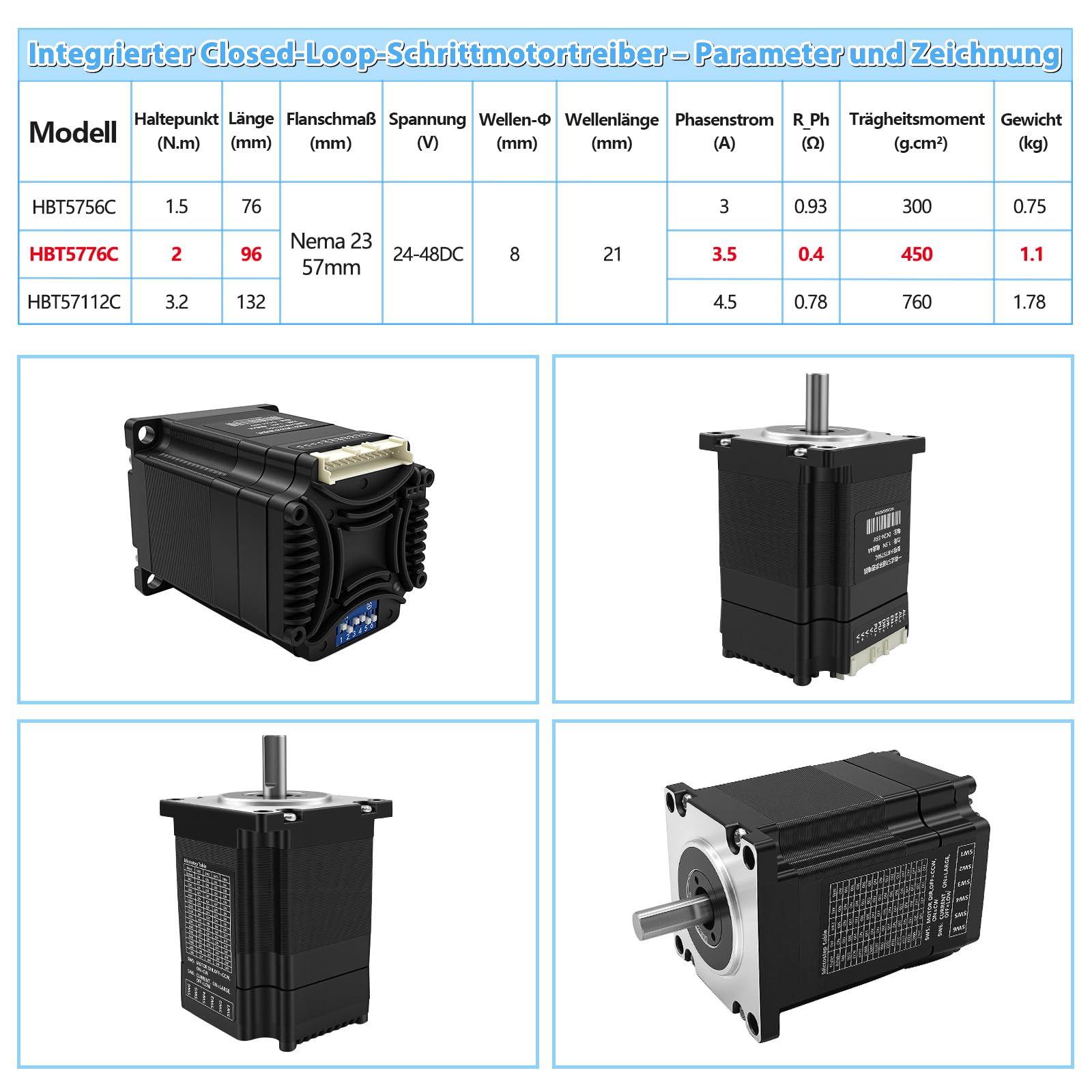 Integriertes Nema 23 57mm Closed Loop Schrittmotor Servosystem Smart mit Encoder, Treiber, 1000RPM 0~3.5A 24~48V DC Drehmoment 2 Nm Motor für CNC Router 3D Drucker Graviermaschine