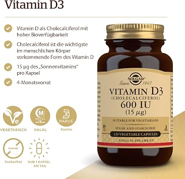 Solgar Vitamin D3 (Cholecalciferol) 15 mcg (600 IU), 120 Vegetable Capsules - Helps Maintain Healthy Bones & Teeth - Immune Support - Non-GMO, Gluten-Free, Dairy Free, Kosher, Halal - 120 Servings