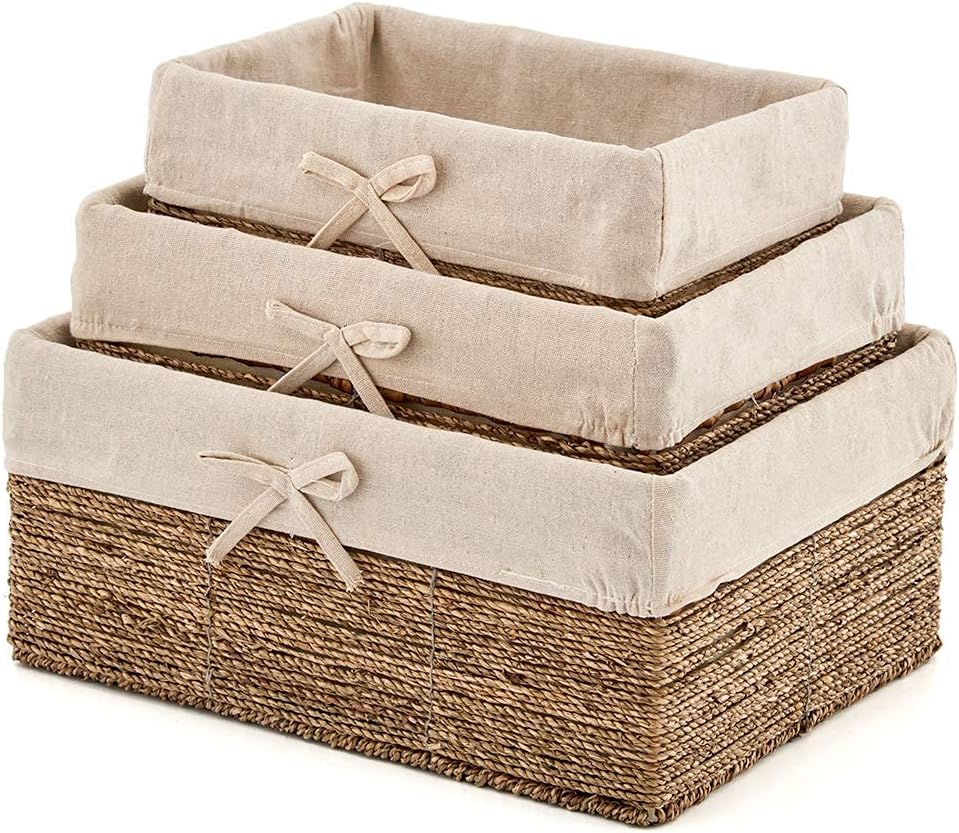 EZOWare Set of 3 Natural Woven Seagrass Nesting Wicker Shelf Storage Baskets Container Bins with Removable Liners