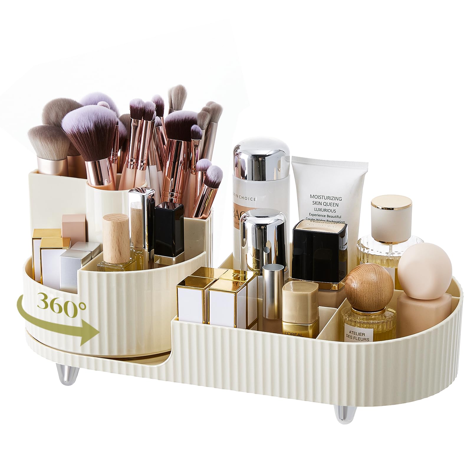 BTGGGMakeup Organizer with 360° Rotating Makeup Brush Holder, Large Capacity Countertop Makeup Organizer, Skincare Organizer for Vanity, Gifts, Women （lvory）