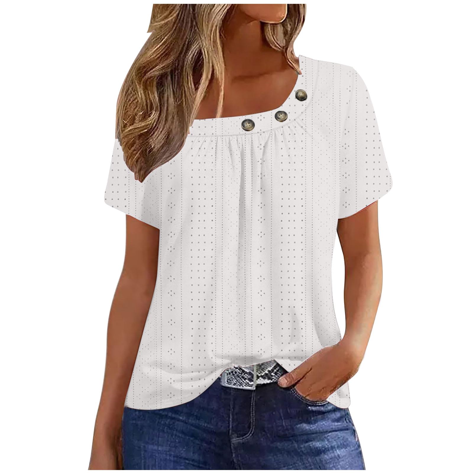 Lemoiitea Blusa casual de manga corta para mujer, de verano, holgada, plisada, elegante, a la moda, color sólido, con botones, camisetas de trabajo diario