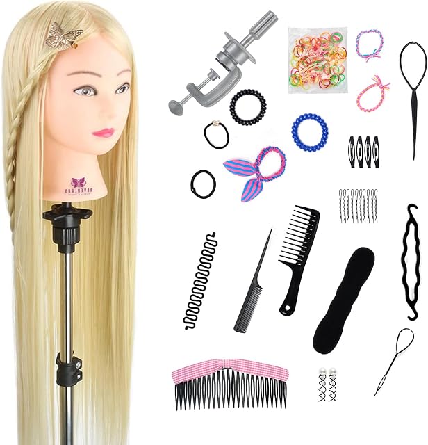 Neverland Beauty 30" 100% Synthetic Fiber Hair Training Head Hairdressing Practice Mannequin Manikin with Clamp + Hair Styling Braid Accessoires Set