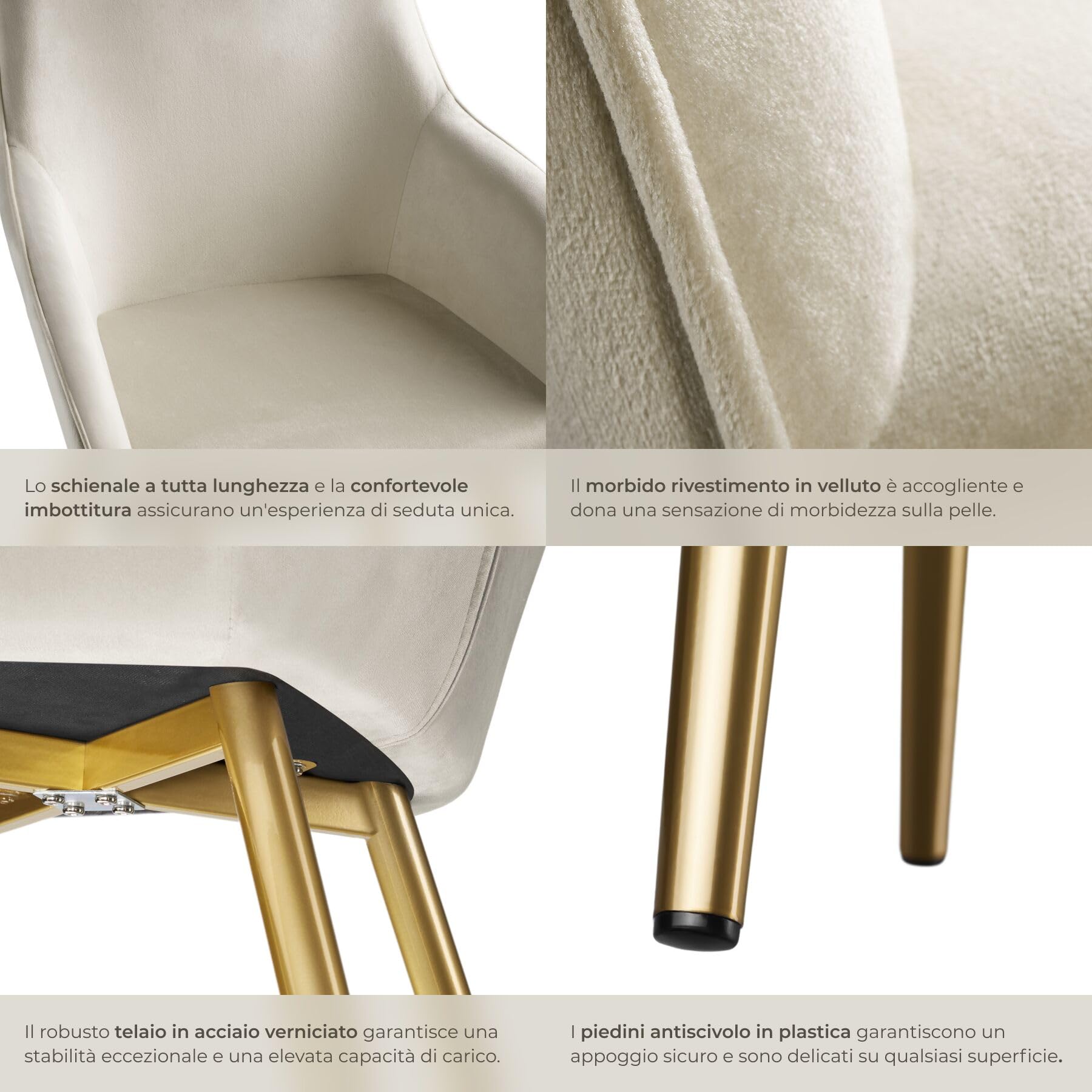 tectake® Set 2 Sedie Sala da Pranzo Effetto Velluto, Sedie Soggiorno con Morbida Imbottitura, Seduta Ergonomica, Poltrone Velluto Versatili, Sedie Design Moderno - Crema/Oro
