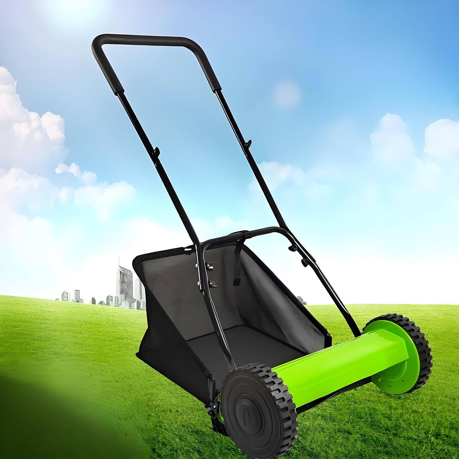 Cortacésped manual con altura de corte ajustable y bolsa de recogida, ideal para el cuidado del césped ecológico