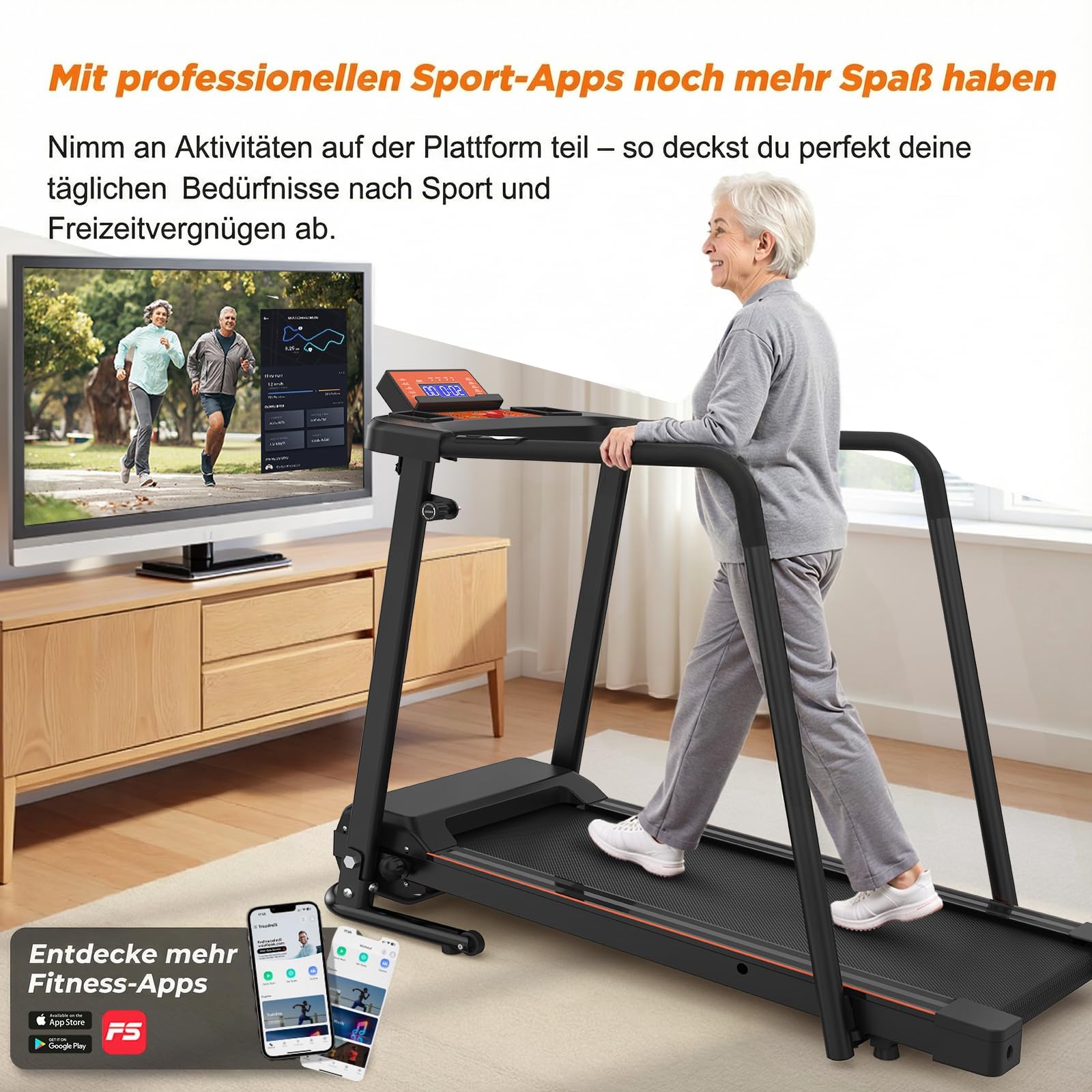 Laufband für Senioren Klappbar mit Handlauf - Elektrisches Fitnessgerät leise & gelenkschonend, Walking Pad für Zuhause bis 135 kg kompakt faltbar, Ideal für ältere Menschen & Rehabilitation
