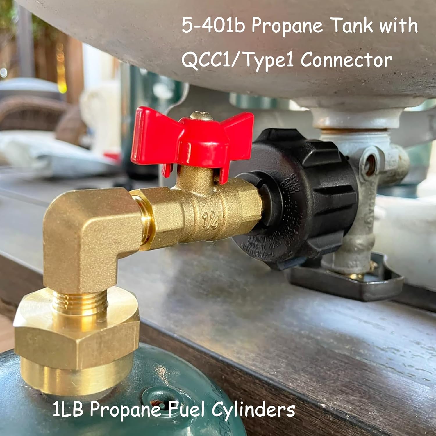 Propane Refill Adapter for 1lb. Tanks, 90 Degree Propane Adapter 20lb to 1lb Converter with Gauge and Control Valve for Propane Tank, Heater, Grill Stove, 4 Caps Included, Solid Brass