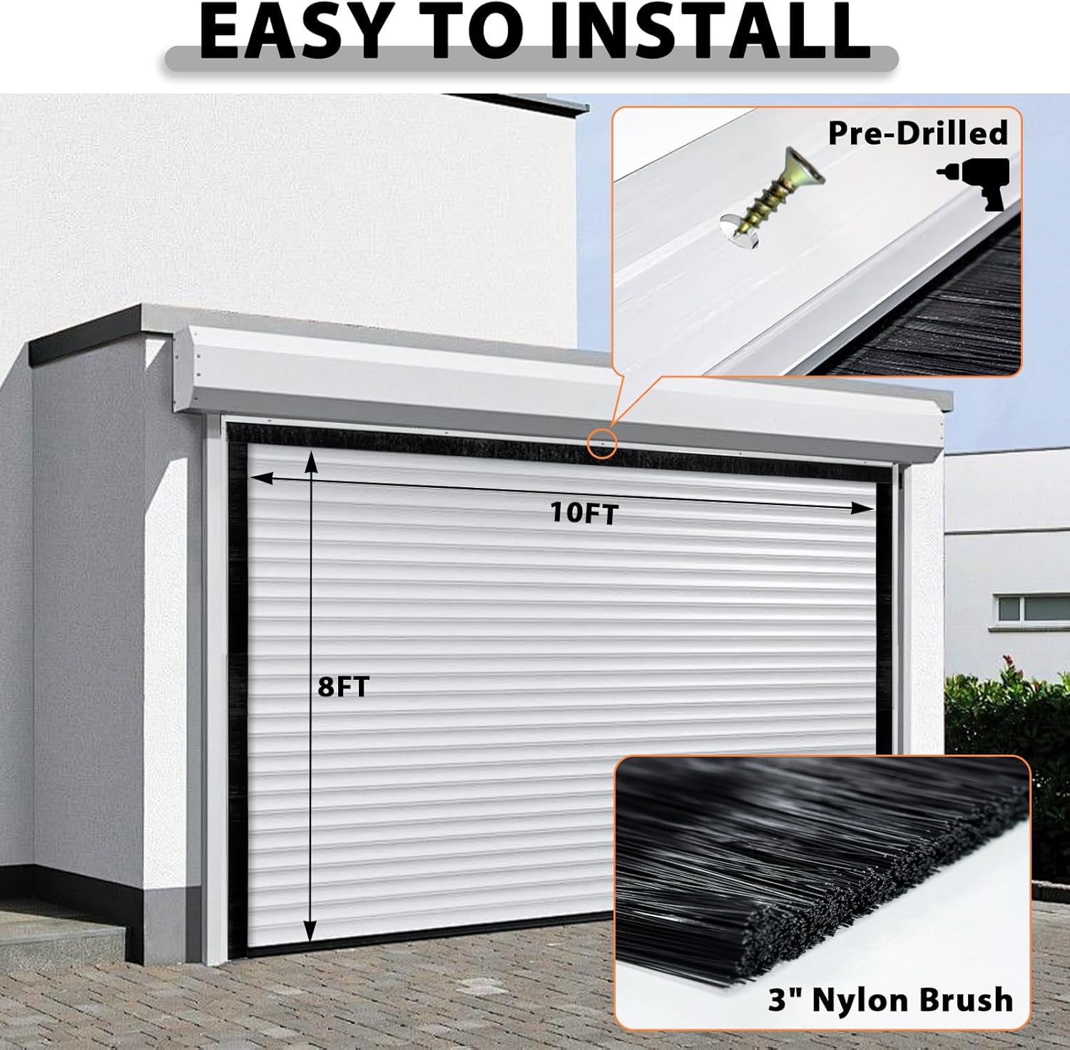 10x8 FT Garage Door Brush Seal Kit, 3" Commercial Roll Up Door Seal with Aluminum Track, Heavy Duty Nylon Brush Weather Stripping for Warehouse, Barn, Shop, Pest & Dust Proof, Black